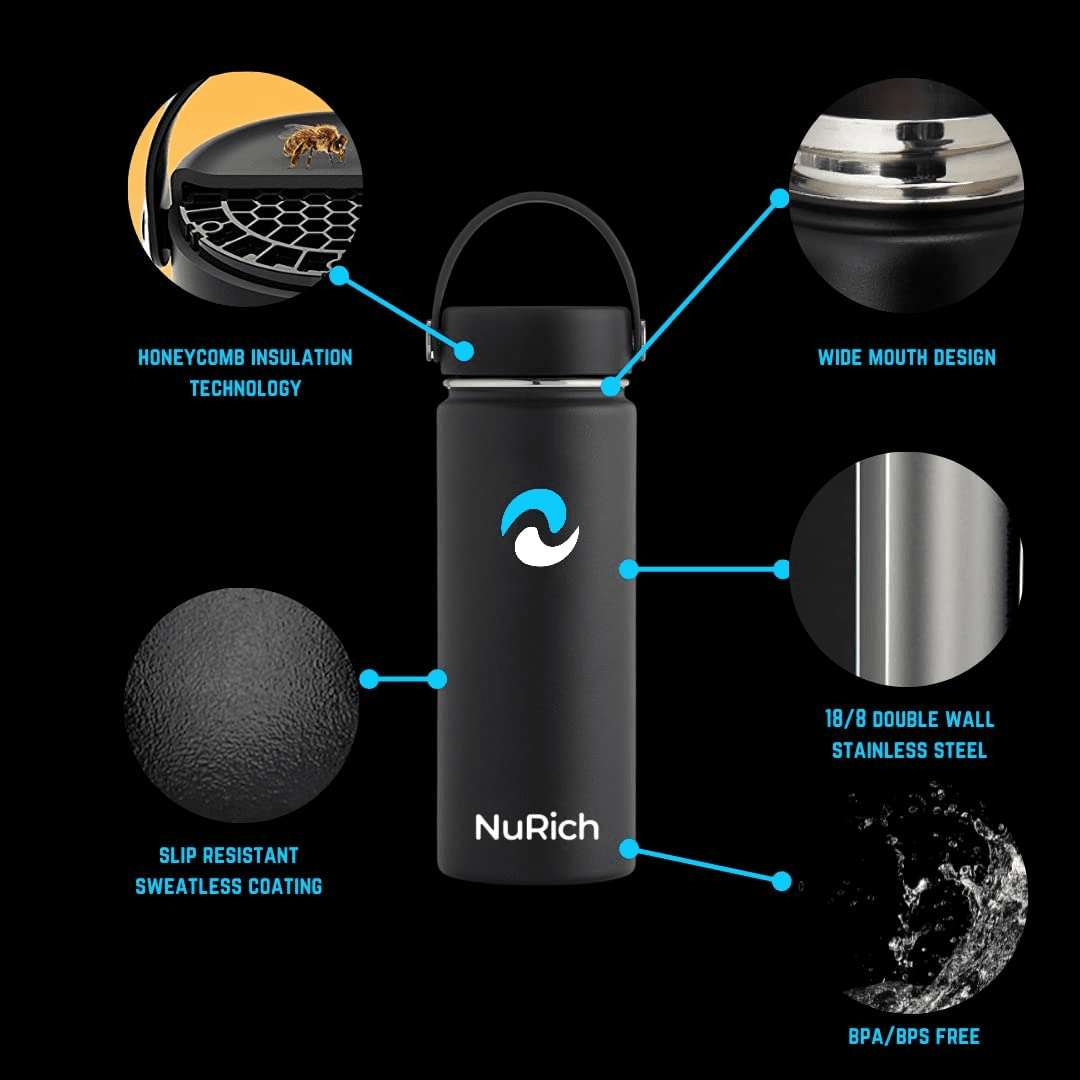 NuRich Sports Water Bottle - 18 Oz, Vacuum Insulated Stainless Steel, Modern Double Walled, Simple Thermo Modern Mug, Hydro Metal Canteen Flask Wide Mouth with Sweat Proof Design for Cold &amp; Hot Temp 6BQL