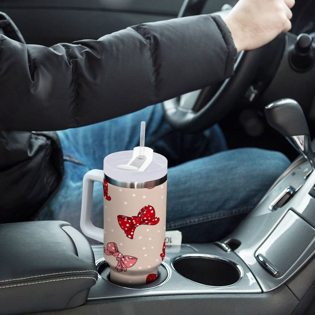 30 oz Insulated Stainless Steel Tumbler Double Wall Stainless Steel Tumbler with 2-Way Drinking Cute Red Bows Pattern 1AEB