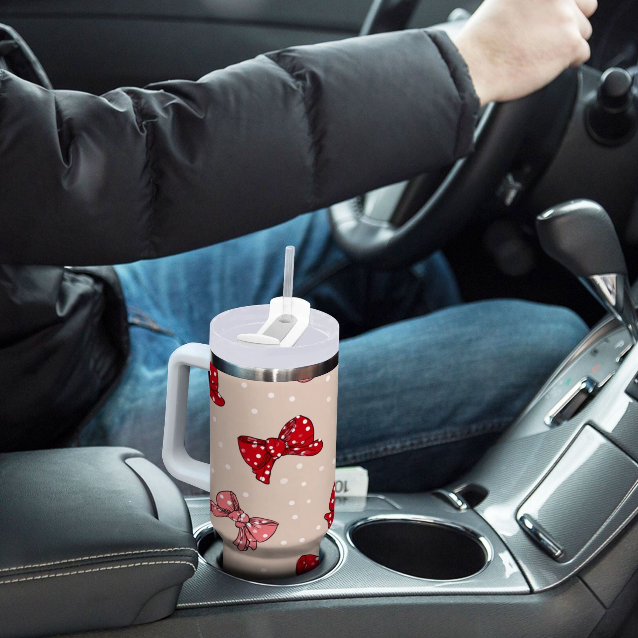 30 oz Insulated Stainless Steel Tumbler Double Wall Stainless Steel Tumbler with 2-Way Drinking Cute Red Bows Pattern 1AEB