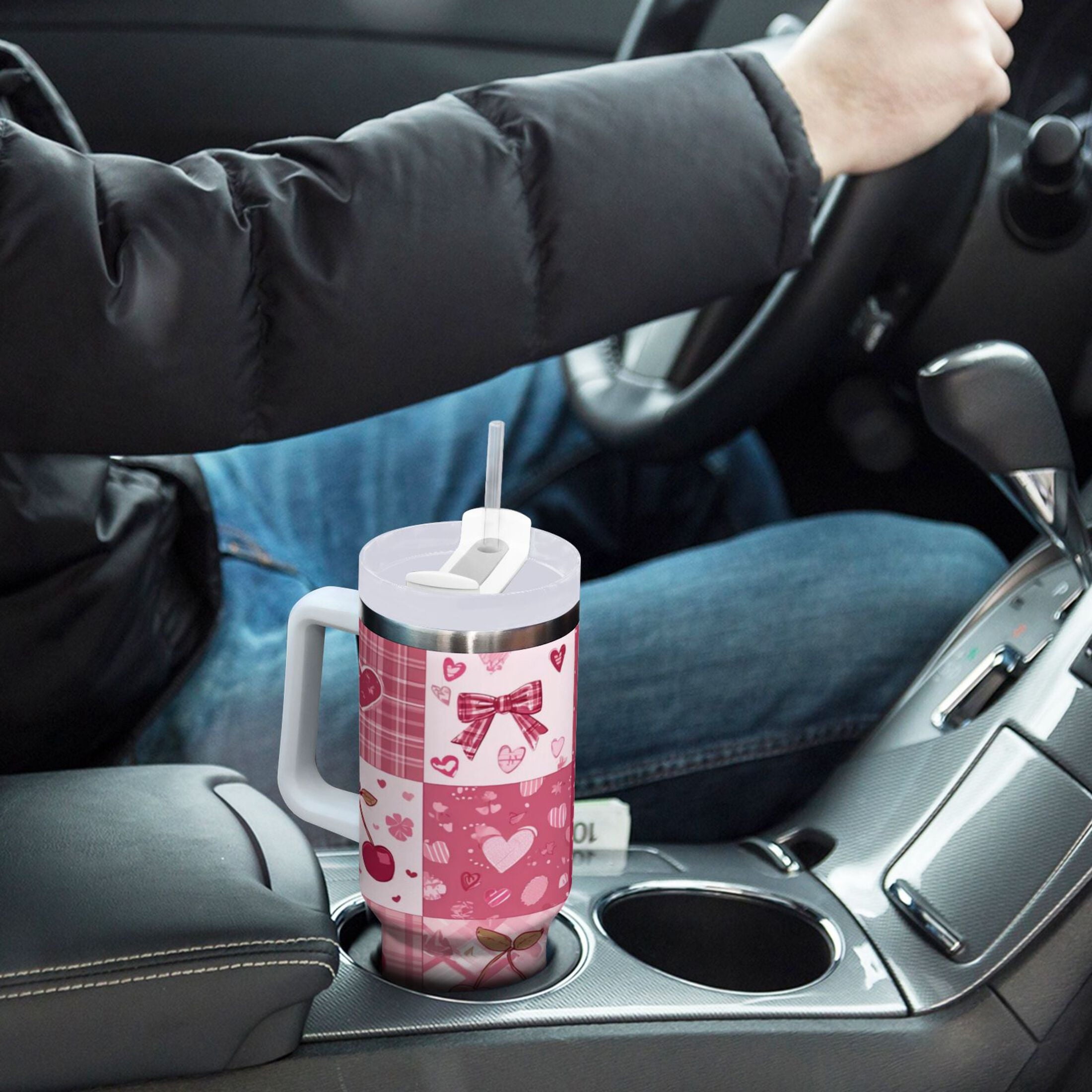 30 oz Insulated Stainless Steel Tumbler Double Wall Stainless Steel Tumbler with 2-Way Drinking Cherry Pattern with Bows 0RMT