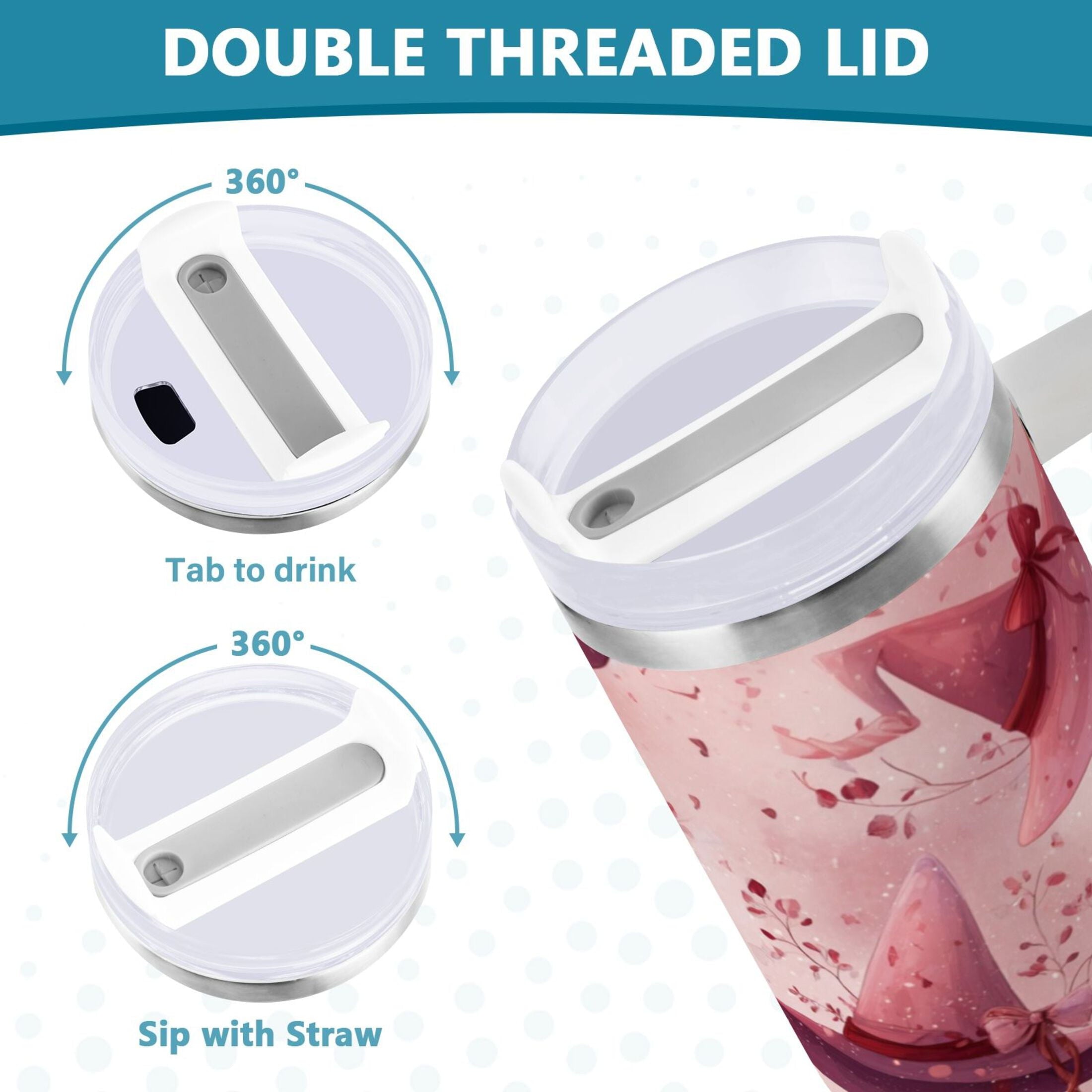 30 oz Insulated Stainless Steel Tumbler Double Wall Stainless Steel Tumbler with 2-Way Drinking Hats with Delicate Bows D5SU