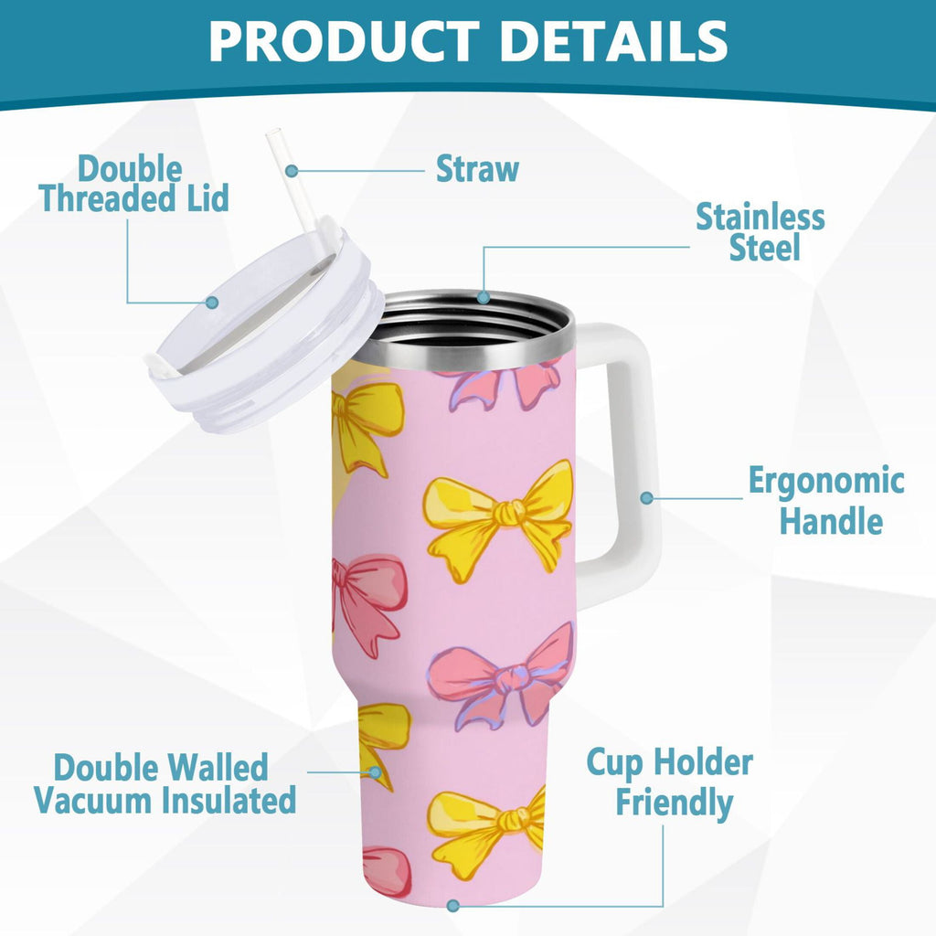 30 oz Insulated Stainless Steel Tumbler Double Wall Stainless Steel Tumbler with 2-Way Drinking Yellow and Pink Bows HCPH