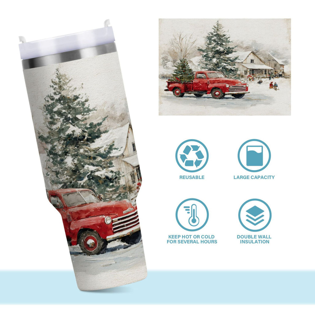 30 oz Insulated Stainless Steel Tumbler Double Wall Stainless Steel Tumbler with 2-Way Drinking Truck with Christmas Decorations UALX