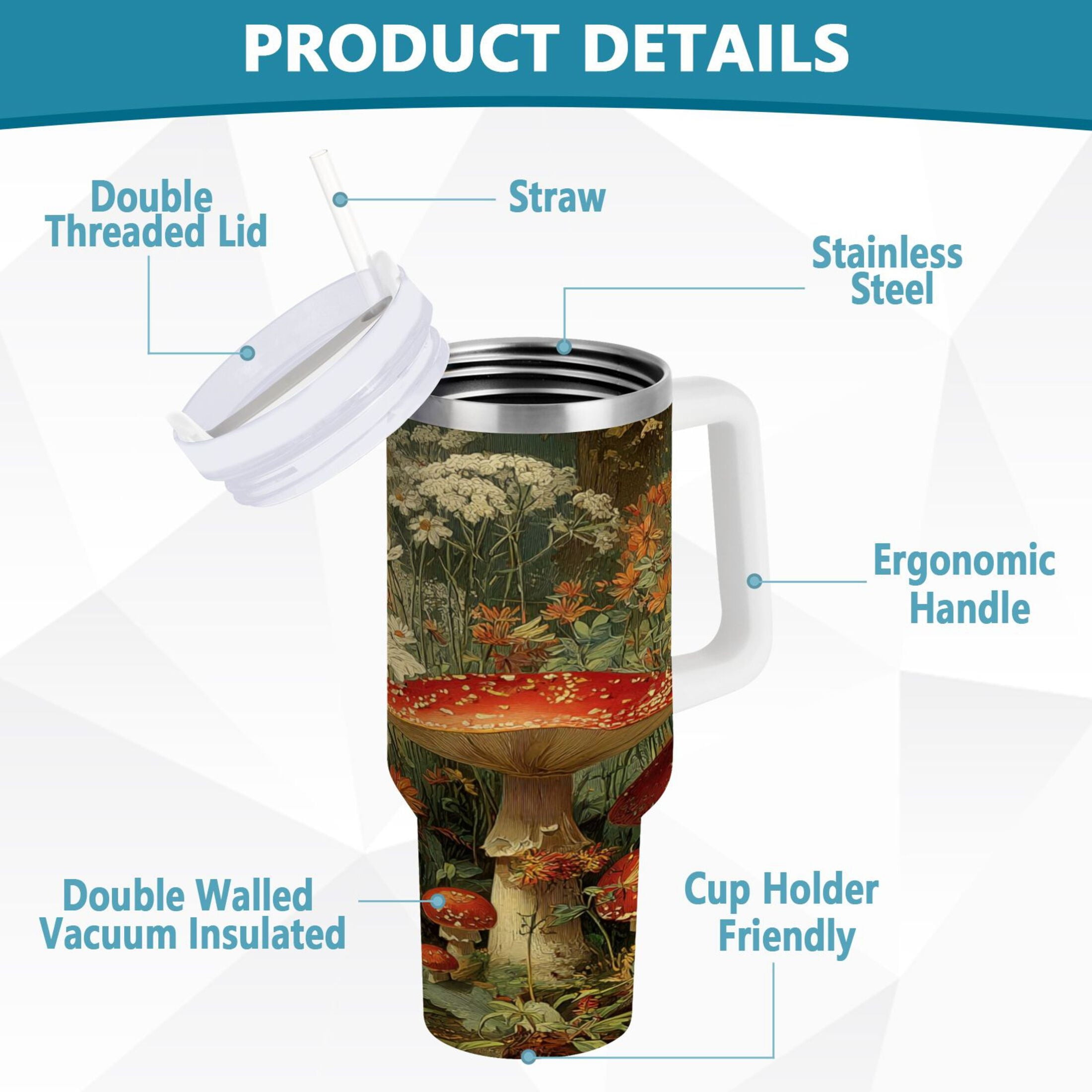 40 oz Insulated Stainless Steel Tumbler Double Wall Stainless Steel Tumbler with 2-Way Drinking Red Mushrooms A64G