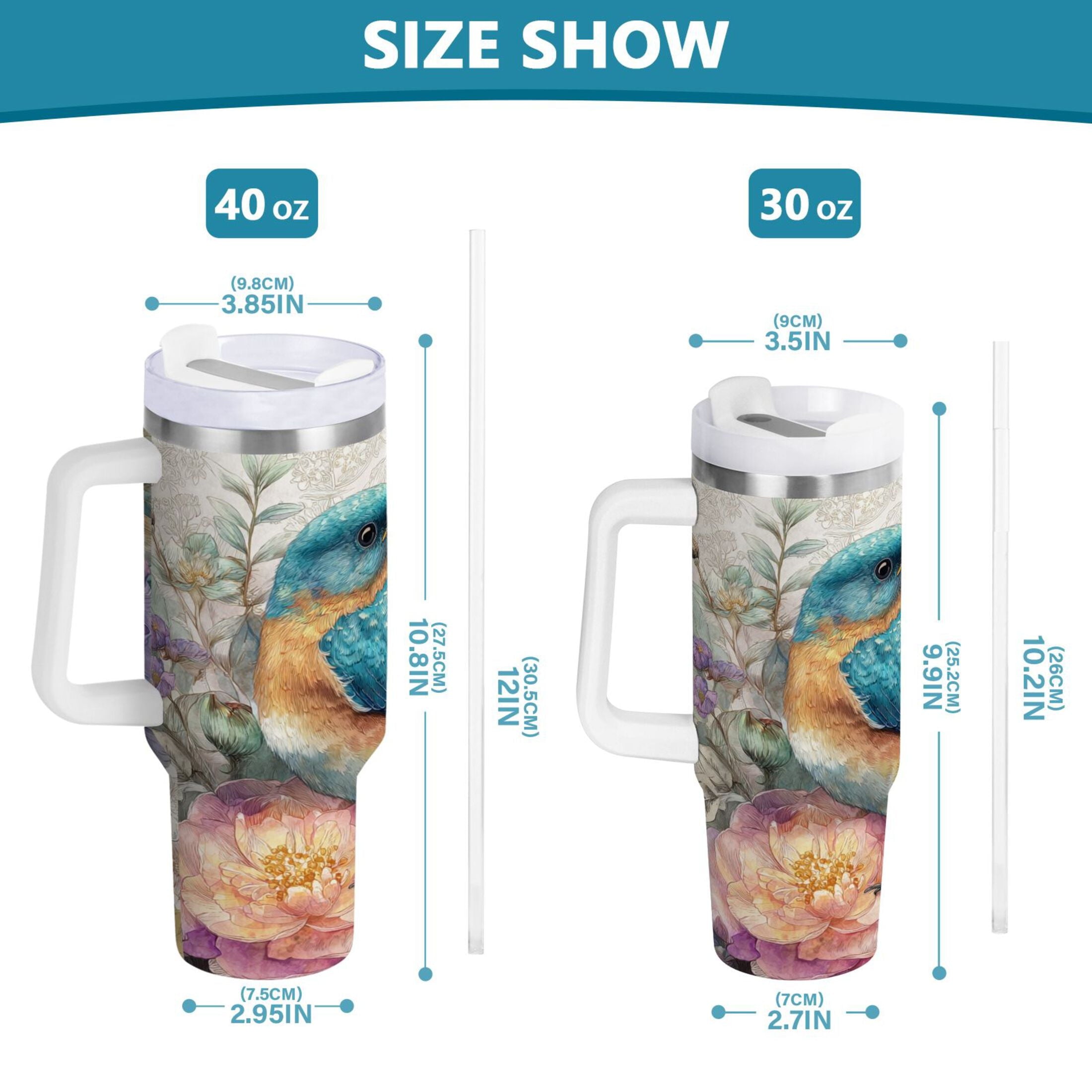 30 oz Insulated Stainless Steel Tumbler Double Wall Stainless Steel Tumbler with 2-Way Drinking Bluebird and Flower T4GS