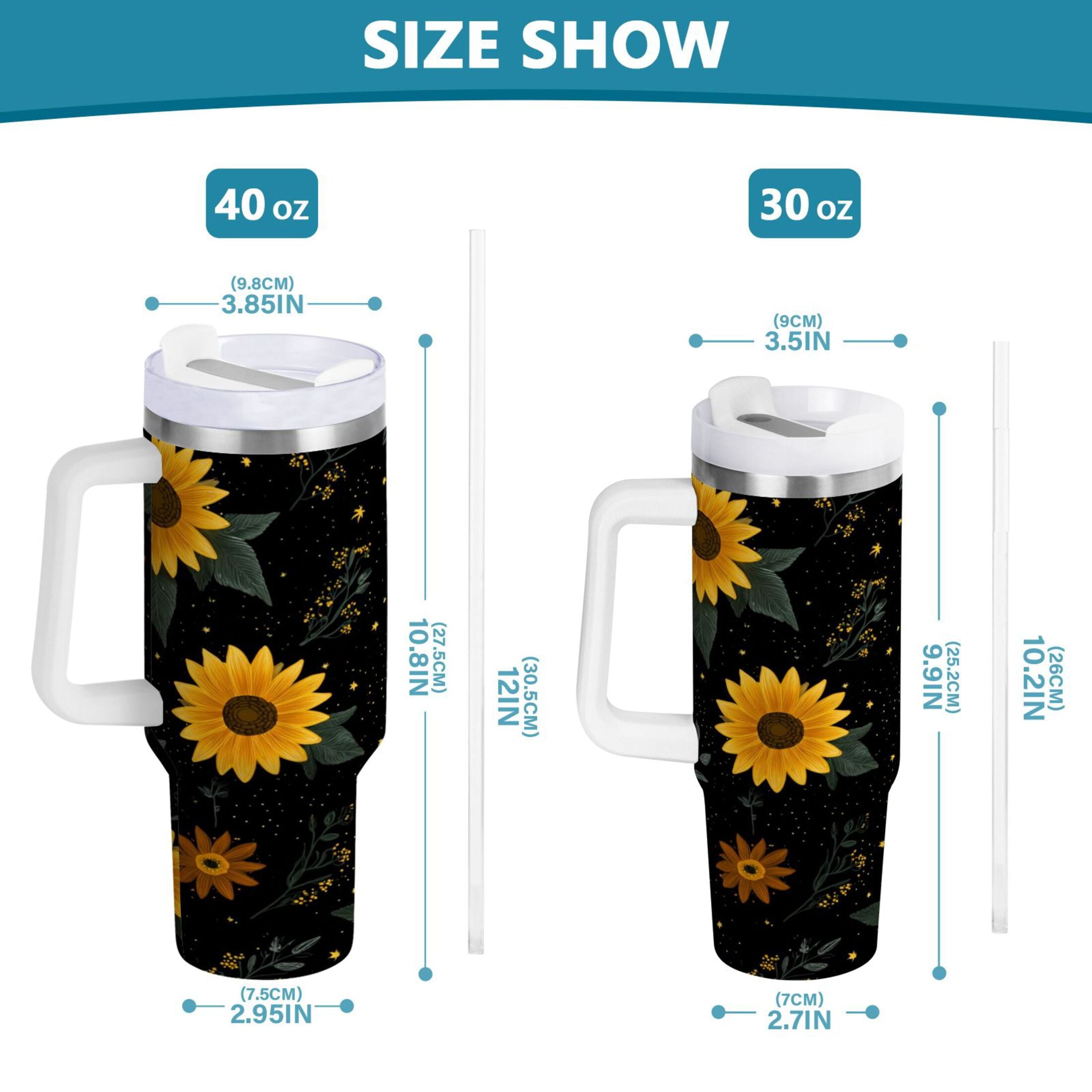 30 oz Insulated Stainless Steel Tumbler Double Wall Stainless Steel Tumbler with 2-Way Drinking Yellow Sunflower Pattern 0C16