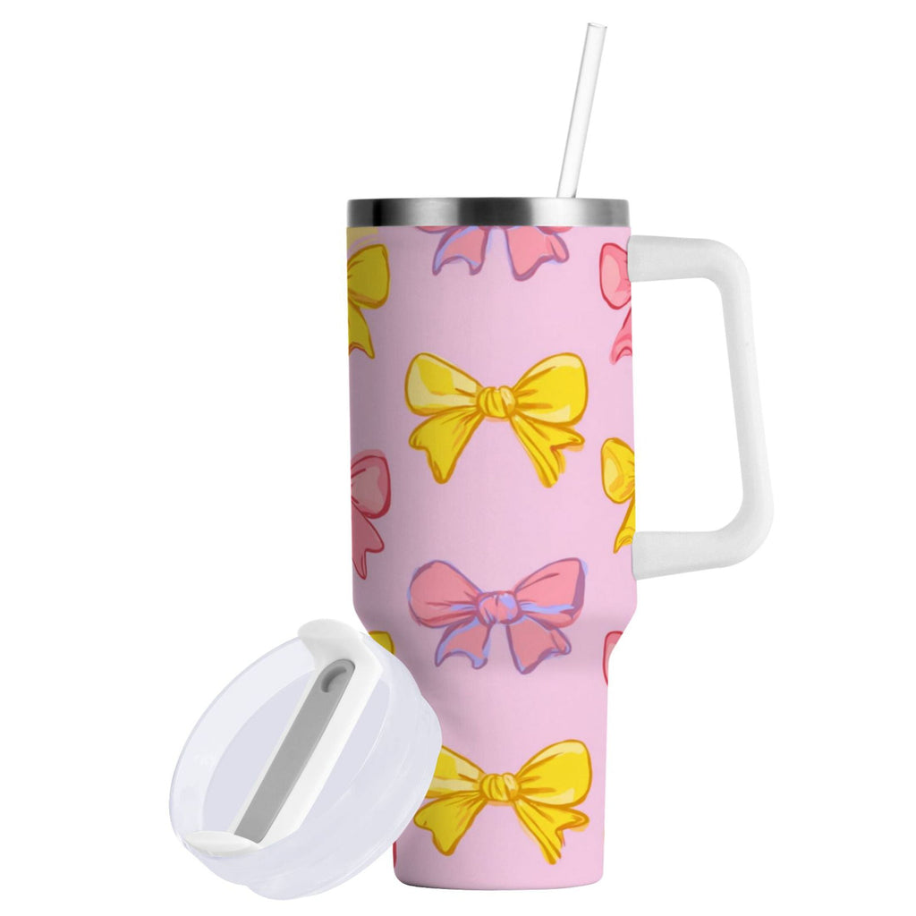 30 oz Insulated Stainless Steel Tumbler Double Wall Stainless Steel Tumbler with 2-Way Drinking Yellow and Pink Bows HCPH