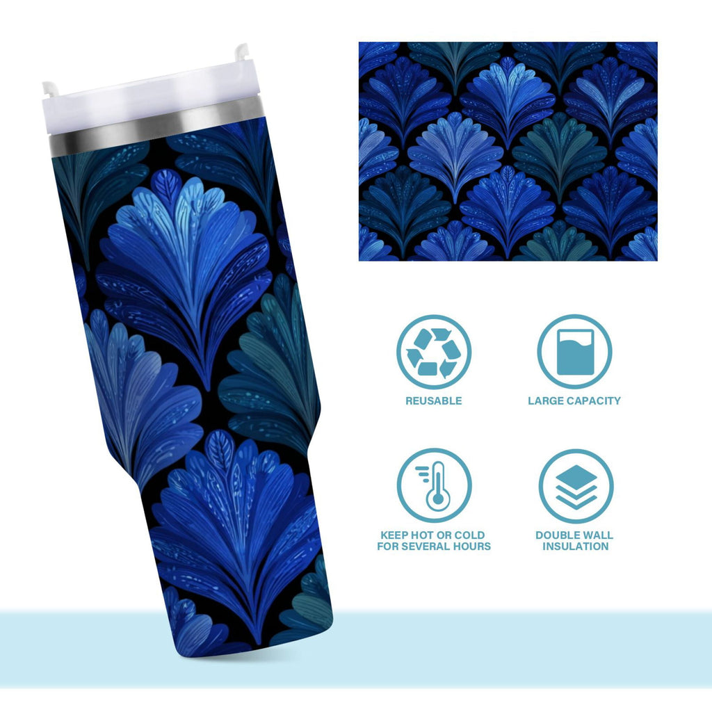 30 oz Insulated Stainless Steel Tumbler Double Wall Stainless Steel Tumbler with 2-Way Drinking Blue Batik Leaves Pattern C787