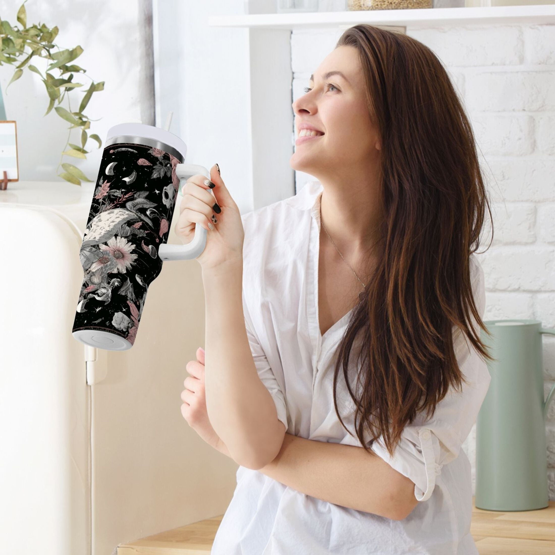 40 oz Insulated Stainless Steel Tumbler Double Wall Stainless Steel Tumbler with 2-Way Drinking Butterfly Surrounded by Flowers YG23