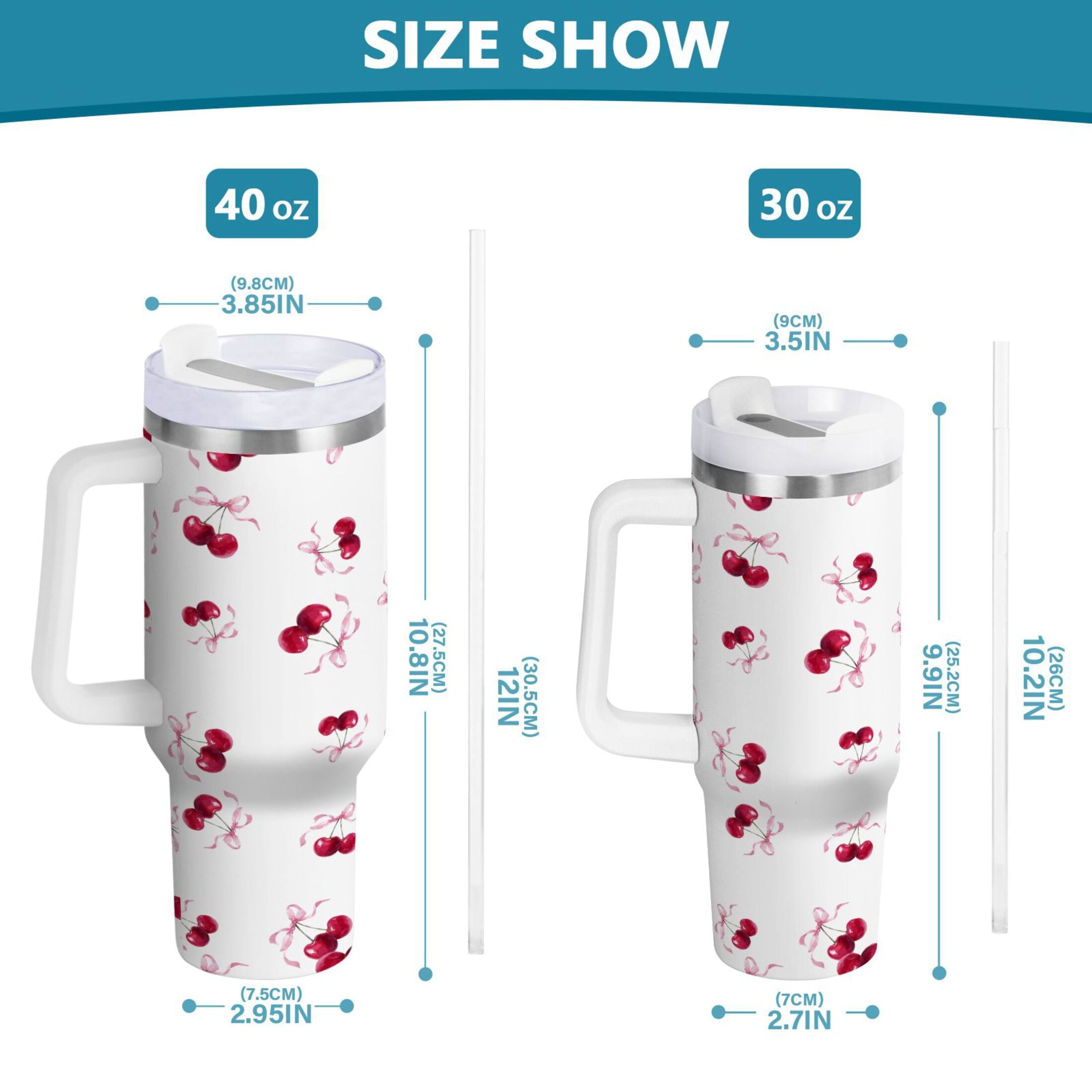 30 oz Insulated Stainless Steel Tumbler Double Wall Stainless Steel Tumbler with 2-Way Drinking Watercolor Cherries Pattern 4FUC