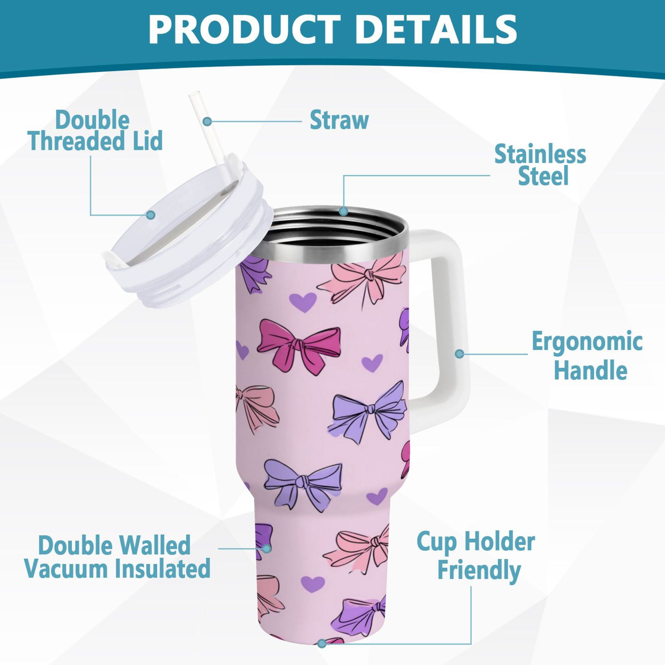 30 oz Insulated Stainless Steel Tumbler Double Wall Stainless Steel Tumbler with 2-Way Drinking Bows and Heart Pattern X6JA