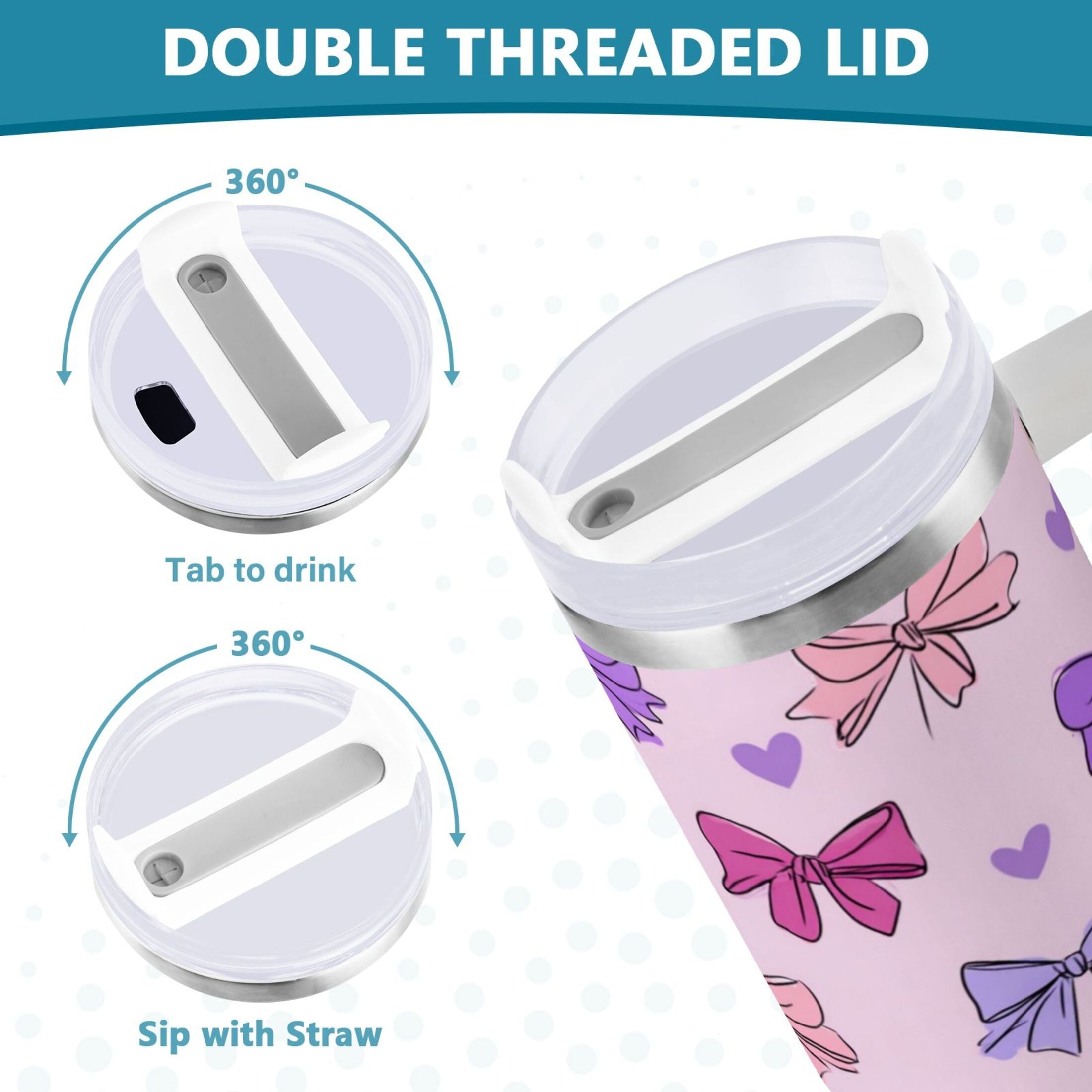 30 oz Insulated Stainless Steel Tumbler Double Wall Stainless Steel Tumbler with 2-Way Drinking Bows and Heart Pattern X6JA