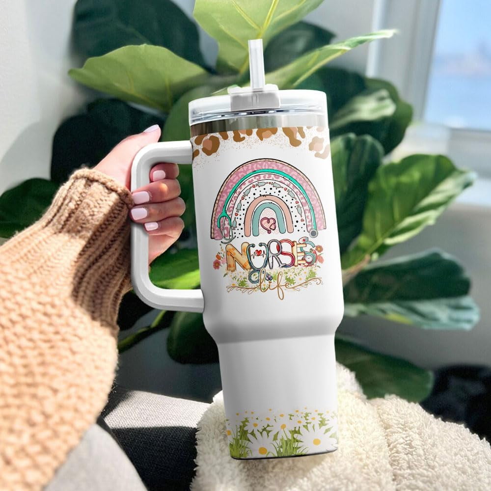 Tumbler 40 Oz With Handle Lid And Straw, Nurse Gifts, Black Camo White Engraved Print Travel Nurses Tumblers Handle Funny Cups Nursing For, Great Nurse Rainbow Daisy Flower FV57