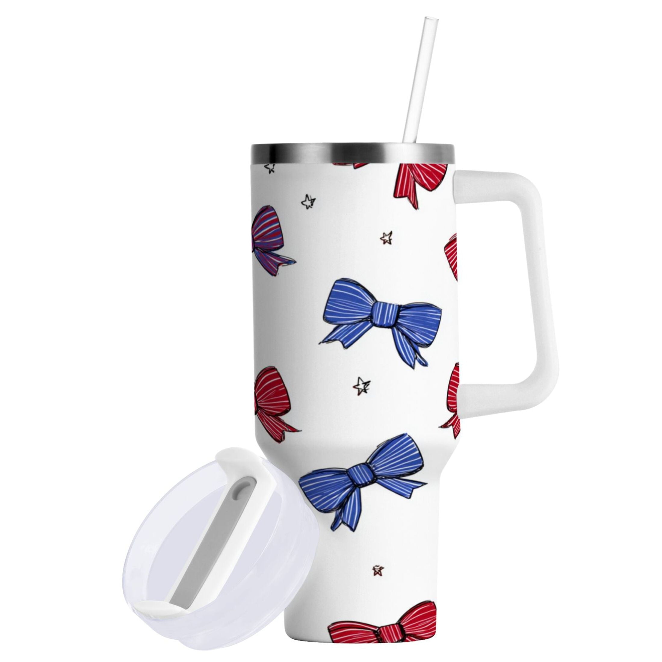30 oz Insulated Stainless Steel Tumbler Double Wall Stainless Steel Tumbler with 2-Way Drinking Red and Blue Stripe Bows P1OE