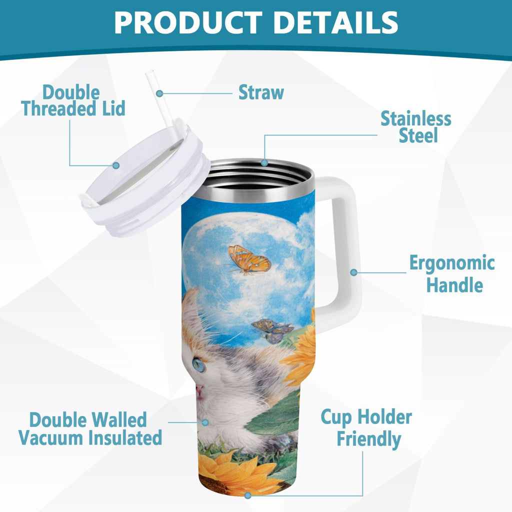 40 oz Insulated Stainless Steel Tumbler Double Wall Stainless Steel Tumbler with 2-Way Drinking Playful Cat Lying Sunflowers NCK5