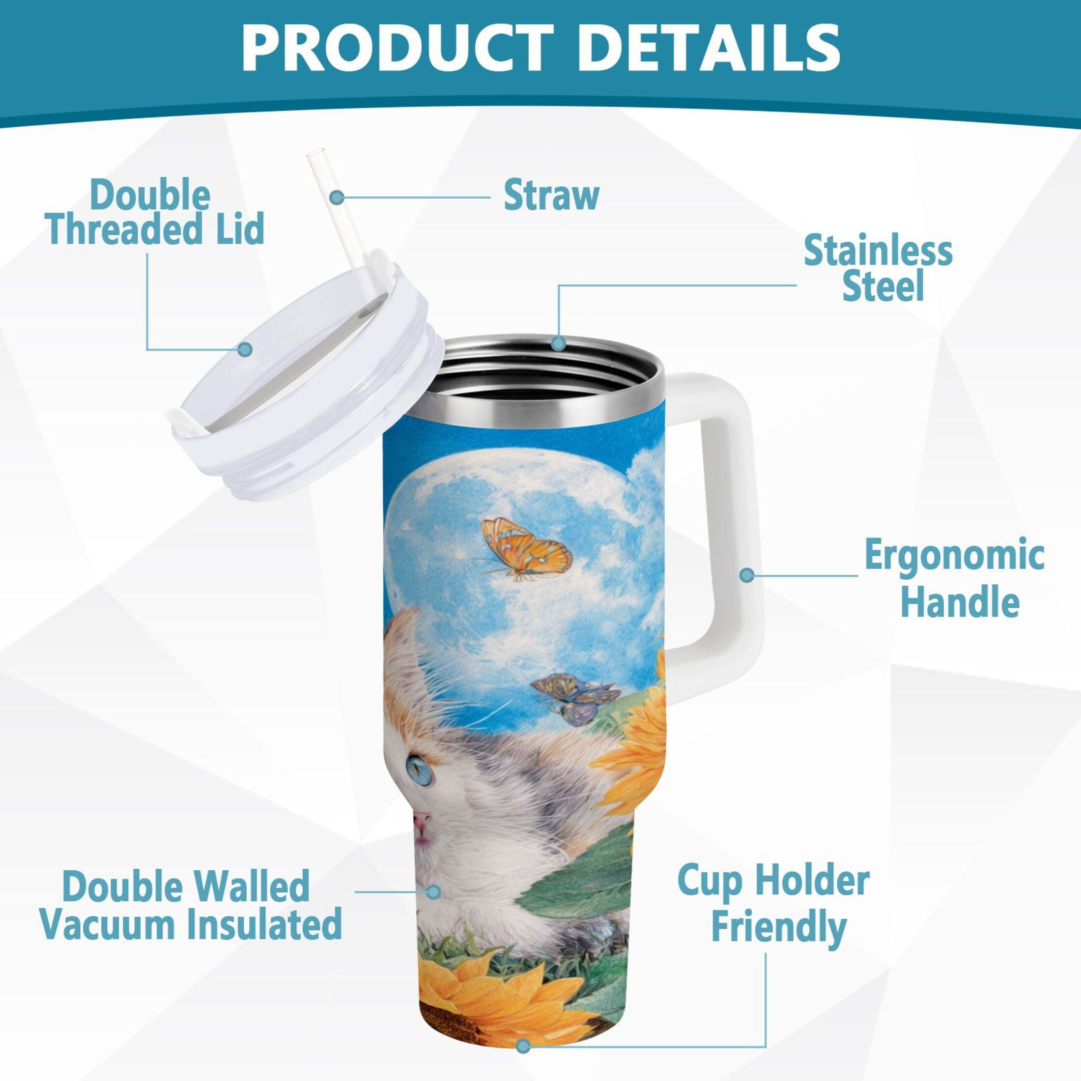 40 oz Insulated Stainless Steel Tumbler Double Wall Stainless Steel Tumbler with 2-Way Drinking Playful Cat Lying Sunflowers NCK5