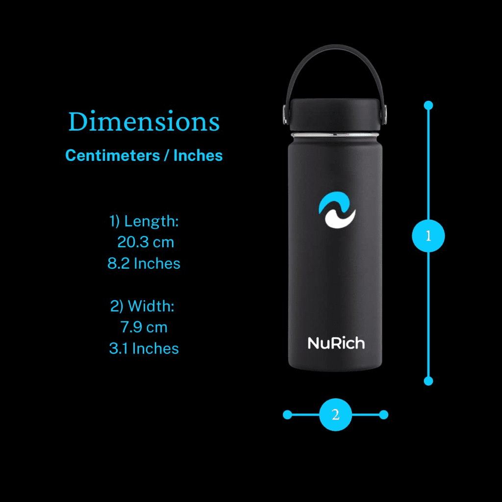 NuRich Sports Water Bottle - 18 Oz, Vacuum Insulated Stainless Steel, Modern Double Walled, Simple Thermo Modern Mug, Hydro Metal Canteen Flask Wide Mouth with Sweat Proof Design for Cold &amp; Hot Temp 6BQL