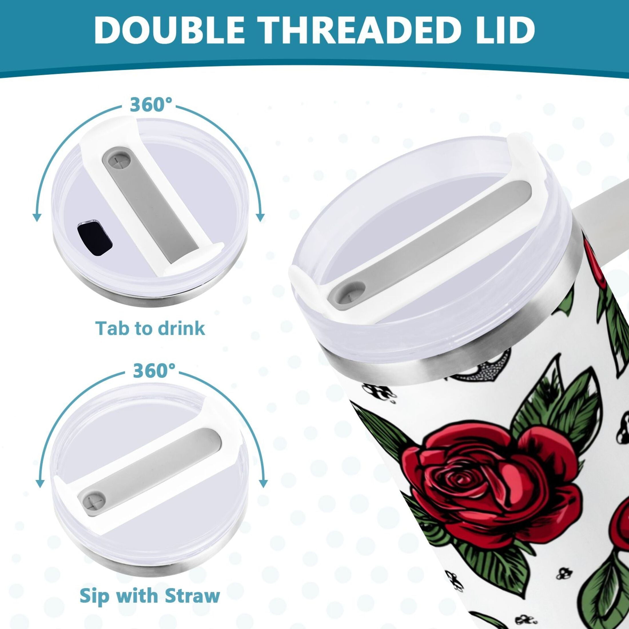 40 oz Insulated Stainless Steel Tumbler Double Wall Stainless Steel Tumbler with 2-Way Drinking Red Roses and Cherries IIQ7
