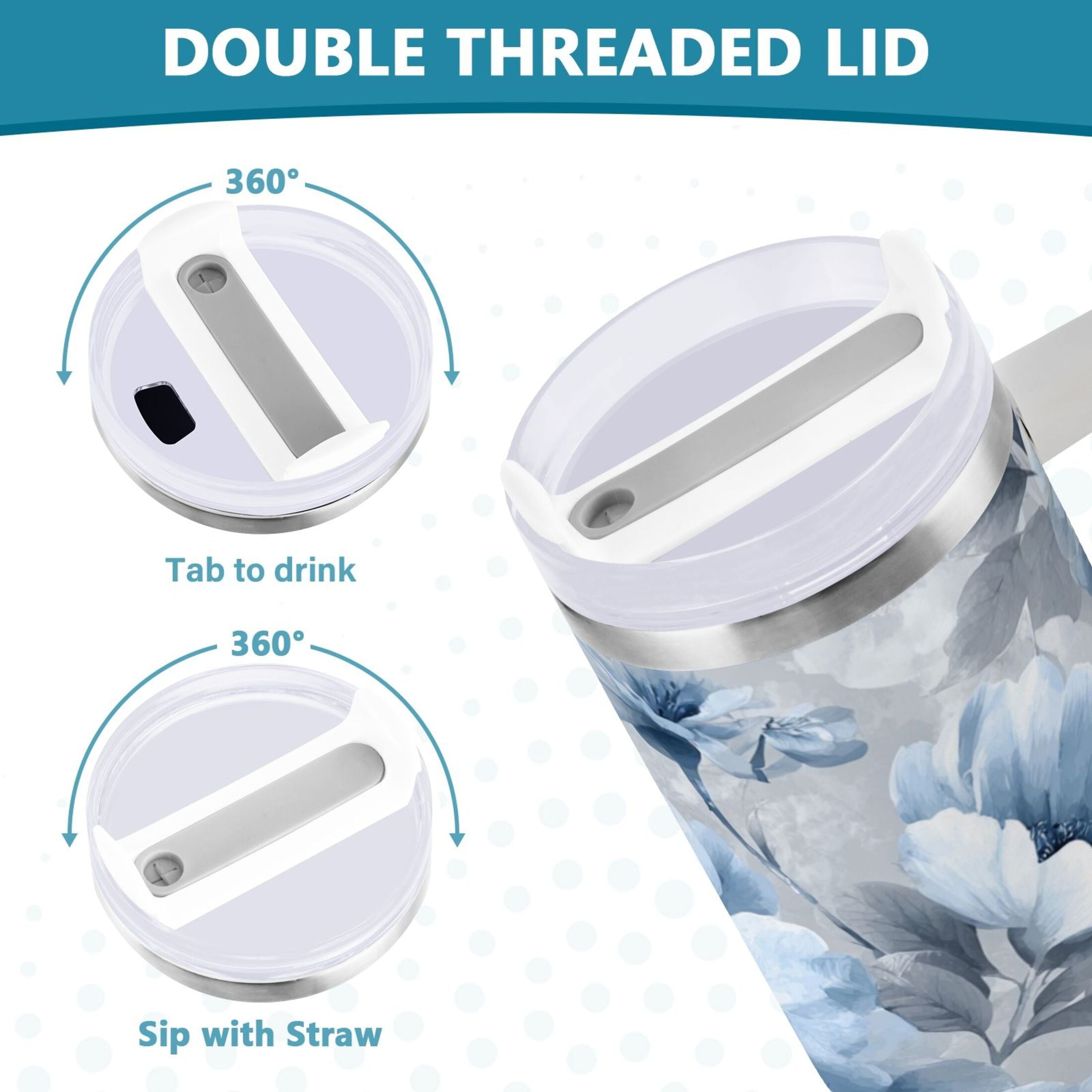 40 oz Insulated Stainless Steel Tumbler Double Wall Stainless Steel Tumbler with 2-Way Drinking White Floral Pattern 2PXY
