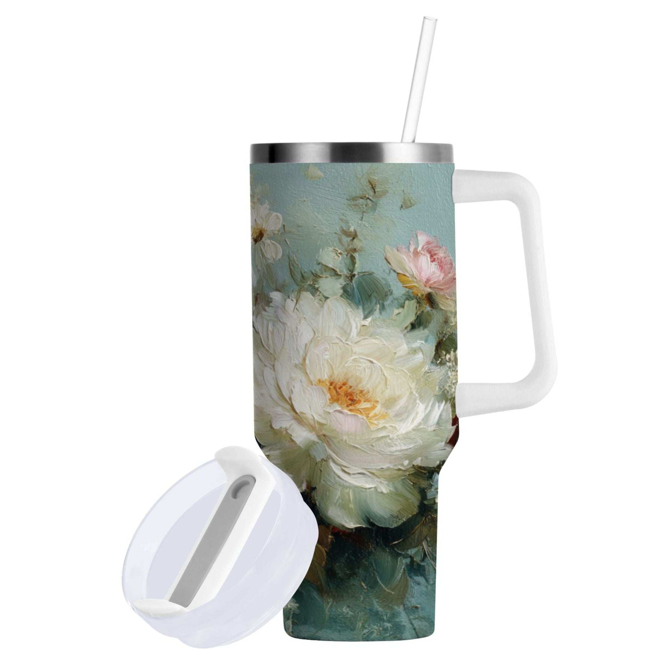 40 oz Insulated Stainless Steel Tumbler Double Wall Stainless Steel Tumbler with 2-Way Drinking Vintage Peonies and Daisies 037B