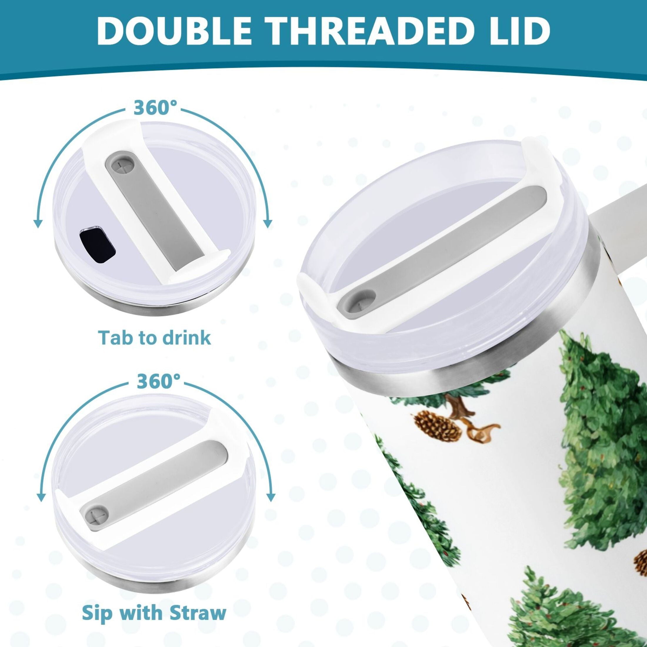 30 oz Insulated Stainless Steel Tumbler Double Wall Stainless Steel Tumbler with 2-Way Drinking Watercolor Green Christmas Tree 7MHU