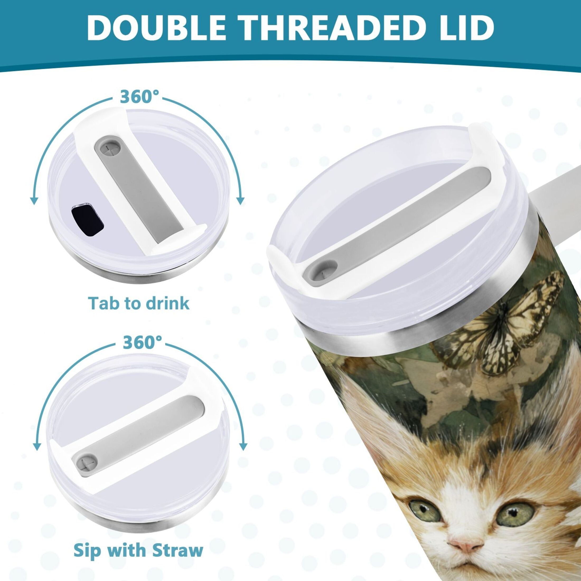 30 oz Insulated Stainless Steel Tumbler Double Wall Stainless Steel Tumbler with 2-Way Drinking Adorable Cats and Daisies GBGW