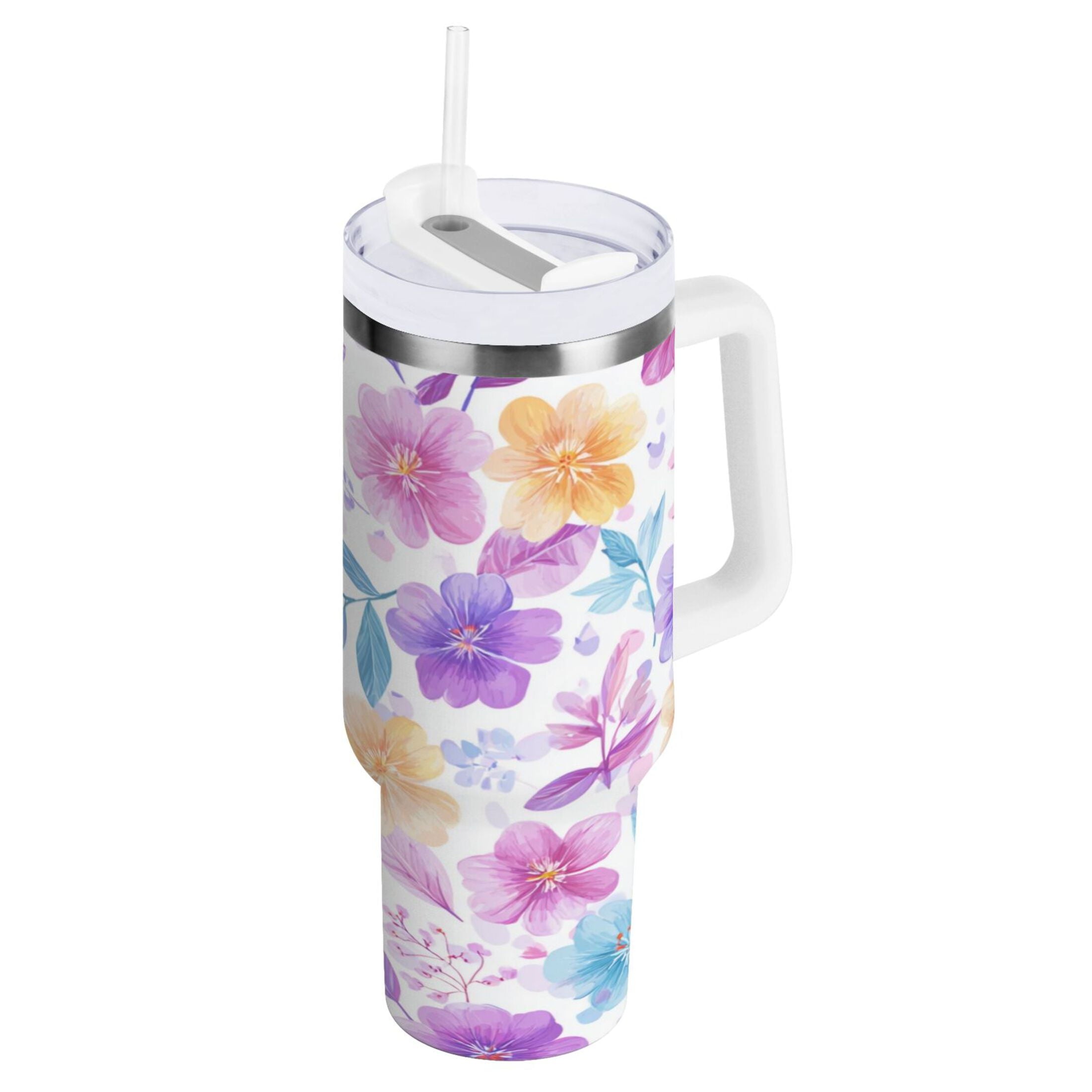 30 oz Insulated Stainless Steel Tumbler Double Wall Stainless Steel Tumbler with 2-Way Drinking Pink and Purple Flowers VEI5
