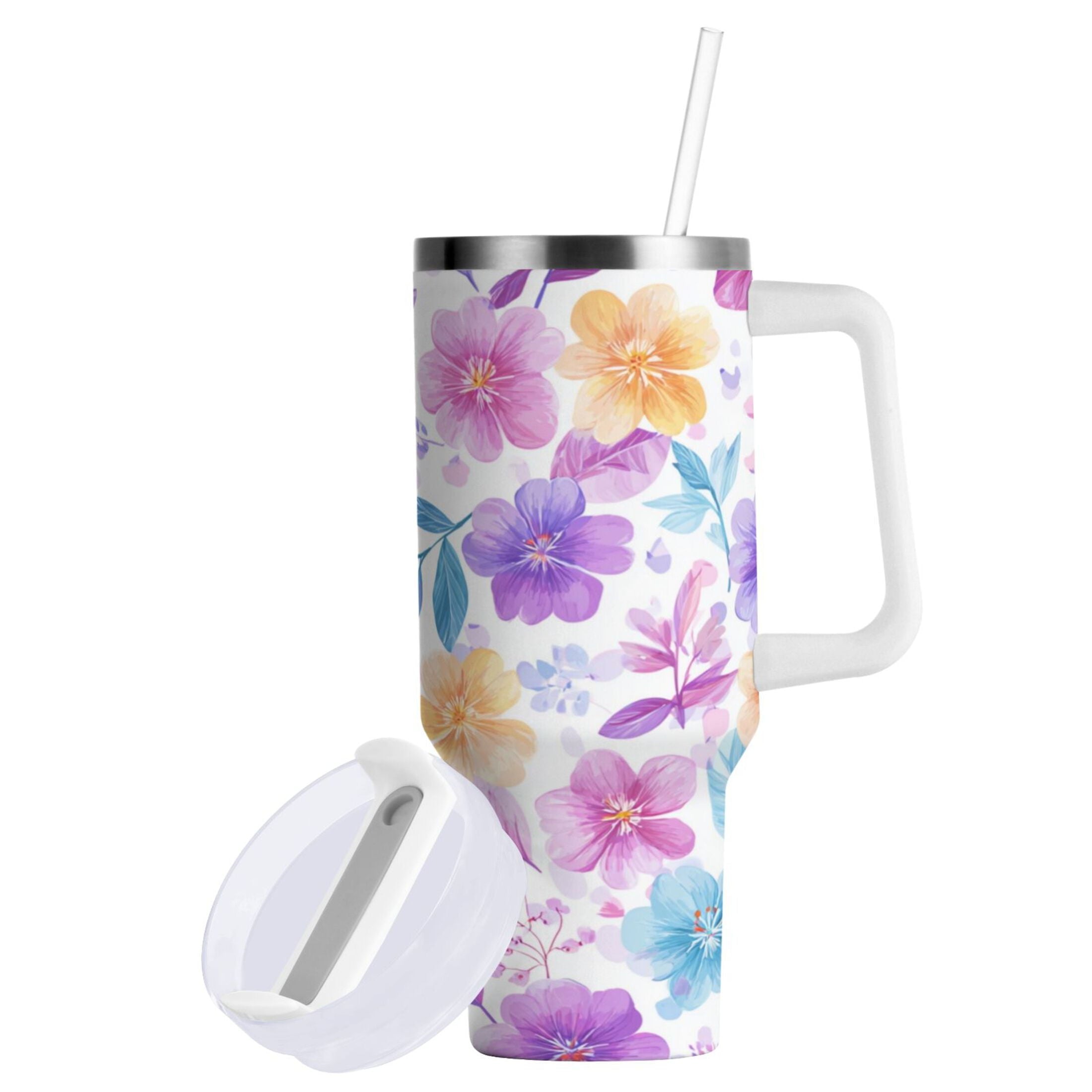 30 oz Insulated Stainless Steel Tumbler Double Wall Stainless Steel Tumbler with 2-Way Drinking Pink and Purple Flowers VEI5