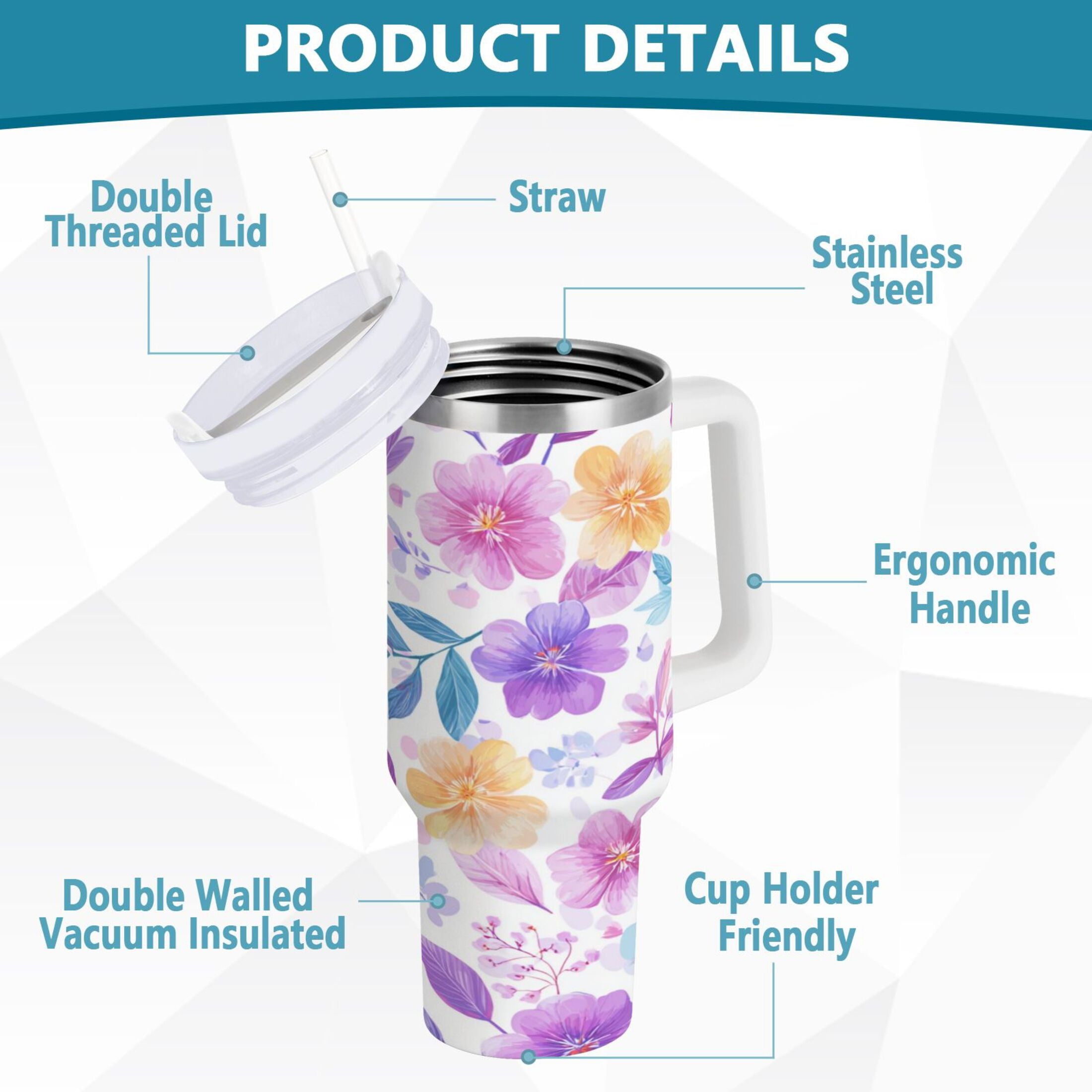 30 oz Insulated Stainless Steel Tumbler Double Wall Stainless Steel Tumbler with 2-Way Drinking Pink and Purple Flowers VEI5