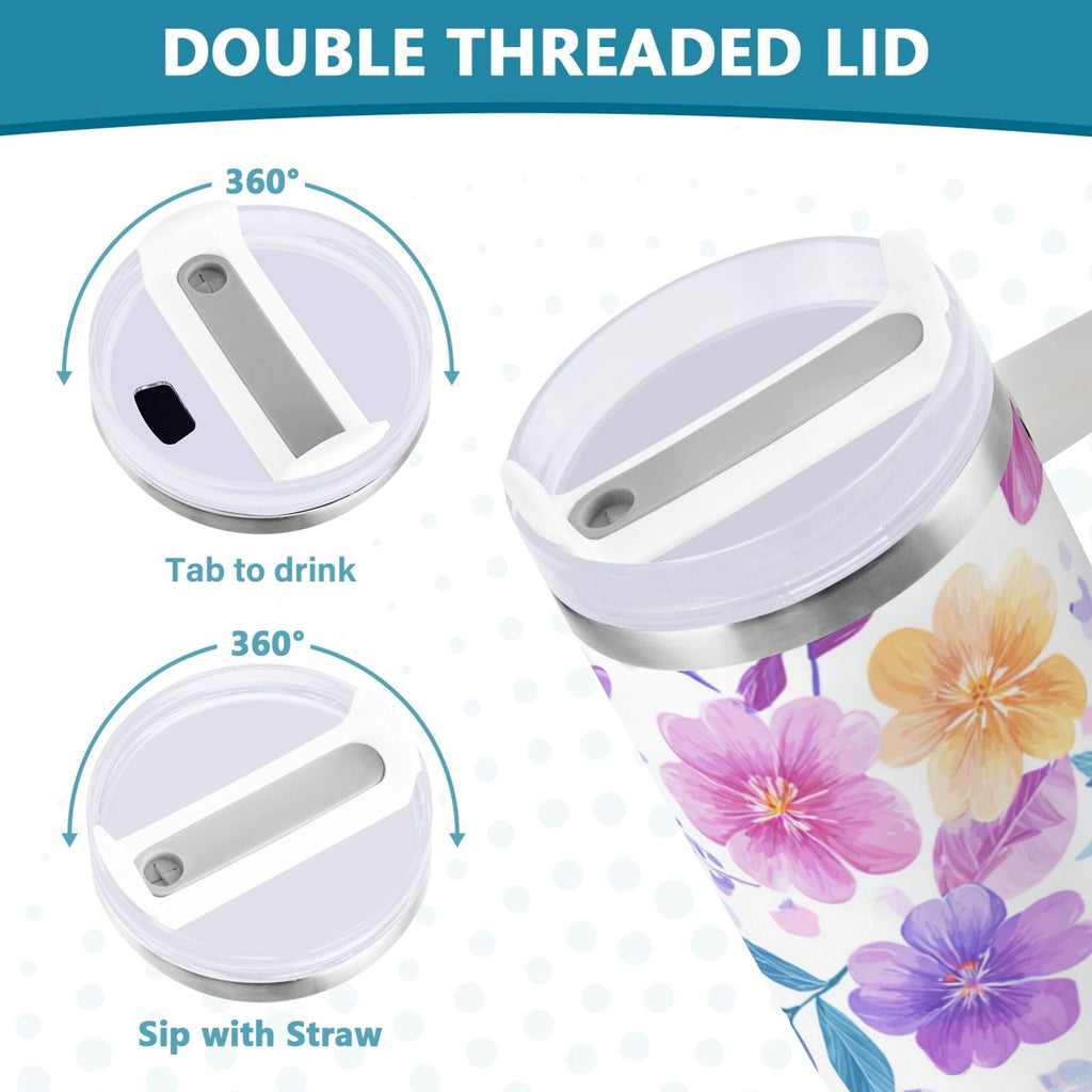 30 oz Insulated Stainless Steel Tumbler Double Wall Stainless Steel Tumbler with 2-Way Drinking Pink and Purple Flowers VEI5
