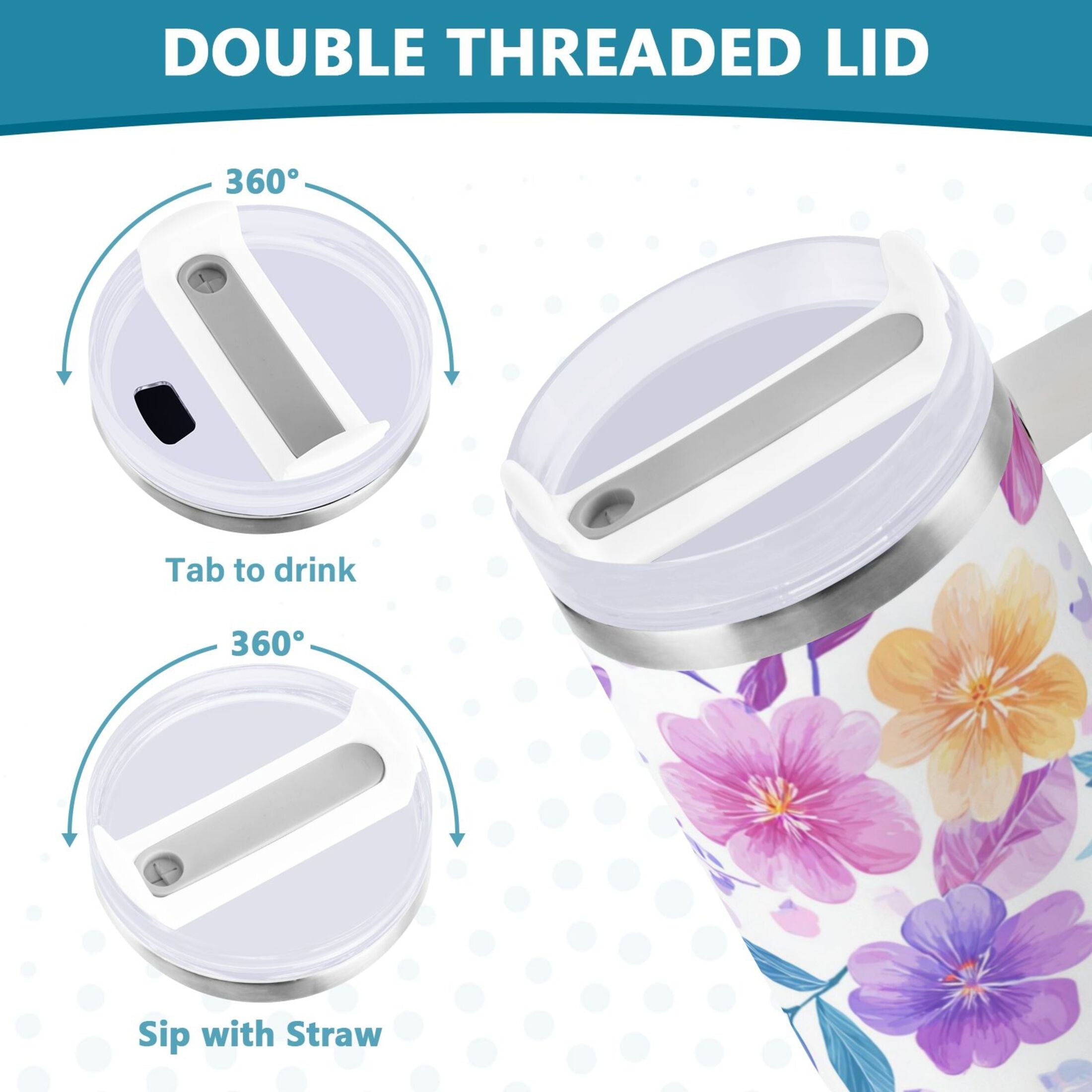 30 oz Insulated Stainless Steel Tumbler Double Wall Stainless Steel Tumbler with 2-Way Drinking Pink and Purple Flowers VEI5