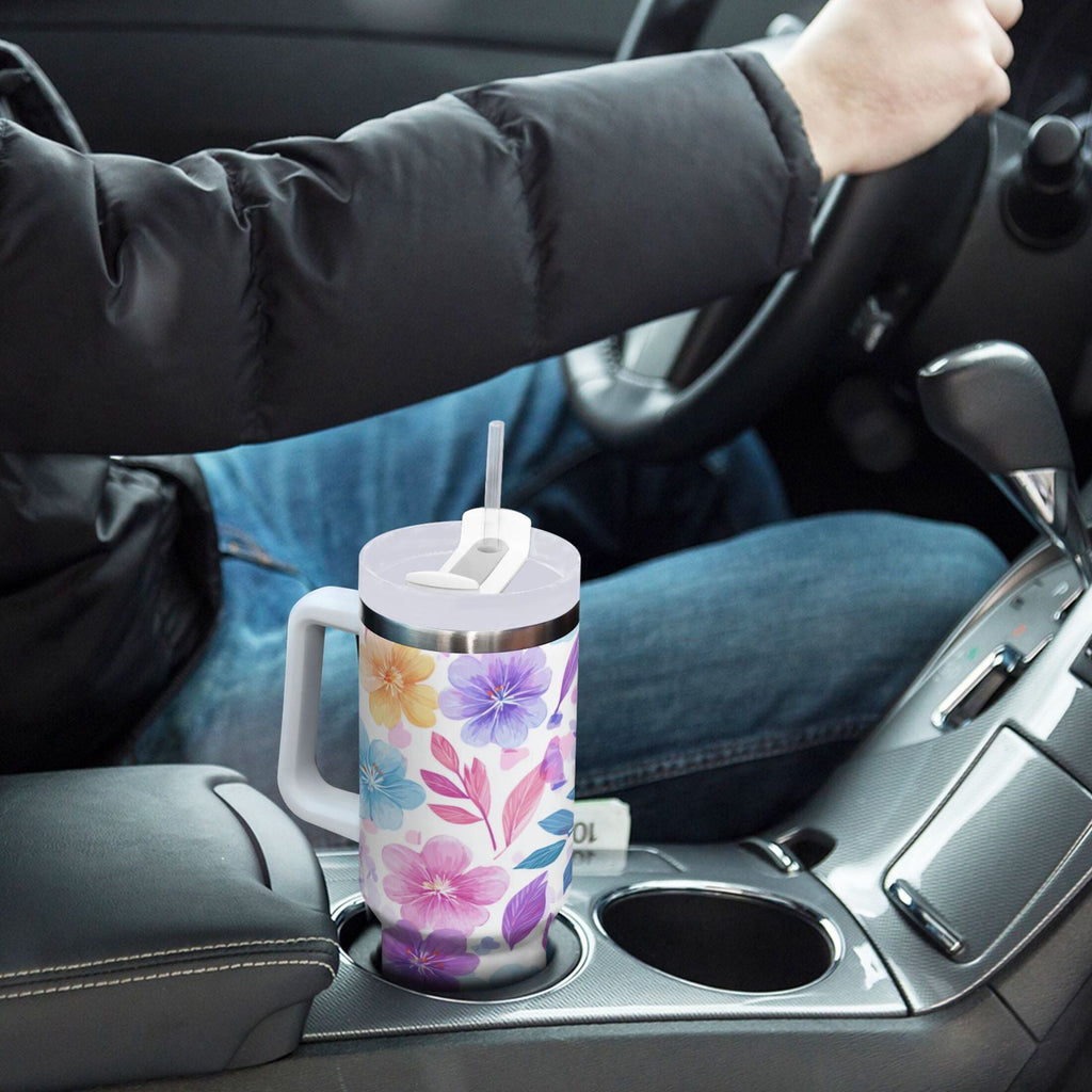 30 oz Insulated Stainless Steel Tumbler Double Wall Stainless Steel Tumbler with 2-Way Drinking Pink and Purple Flowers VEI5