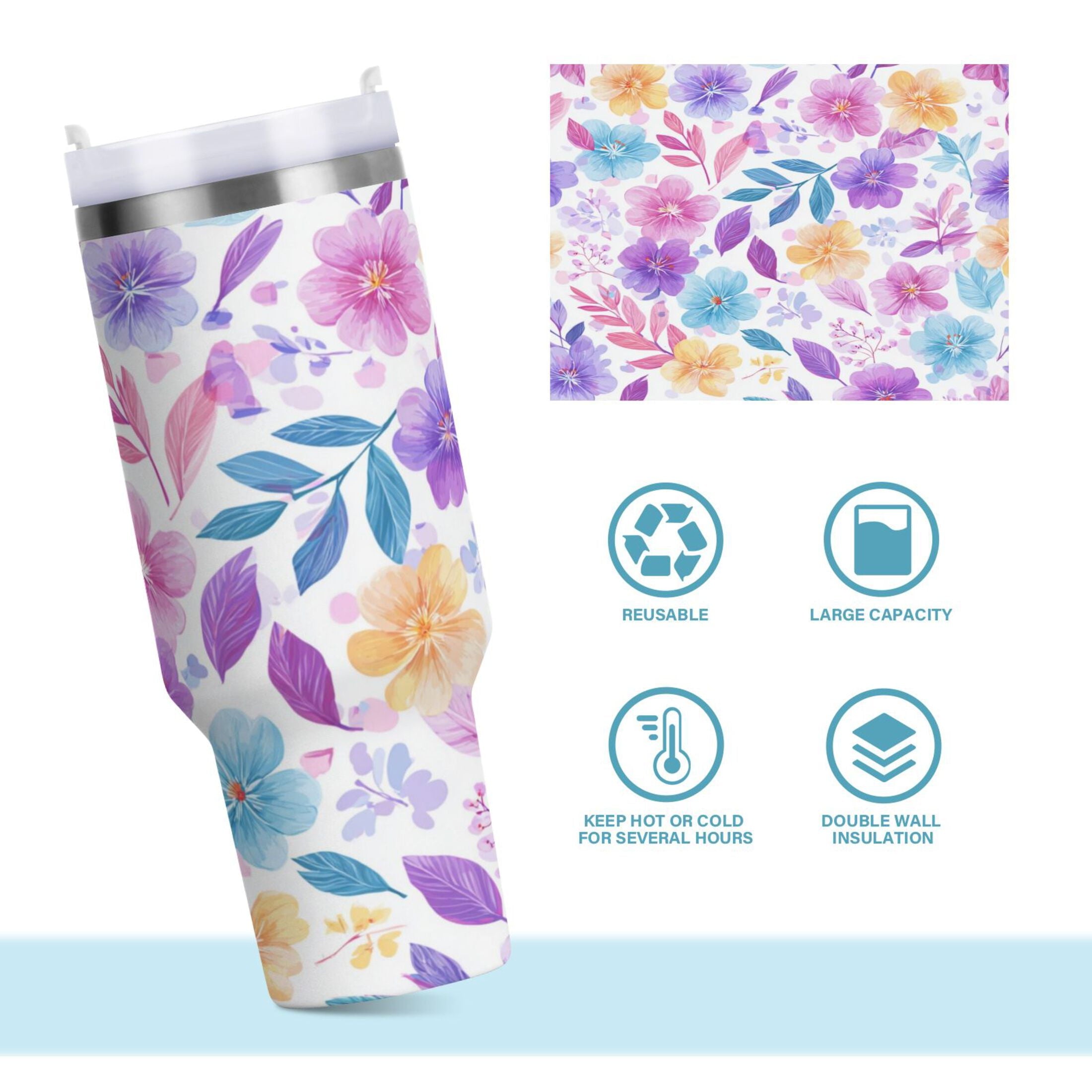 30 oz Insulated Stainless Steel Tumbler Double Wall Stainless Steel Tumbler with 2-Way Drinking Pink and Purple Flowers VEI5