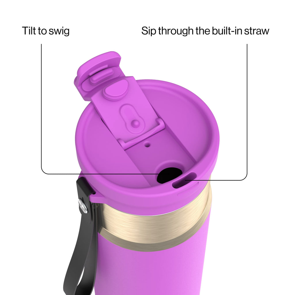 Contigo DualSip Leakproof Stainless Steel Reusable Water Bottle Tumbler with Carrying Strap, Cream/Champagne, 24 oz D87F