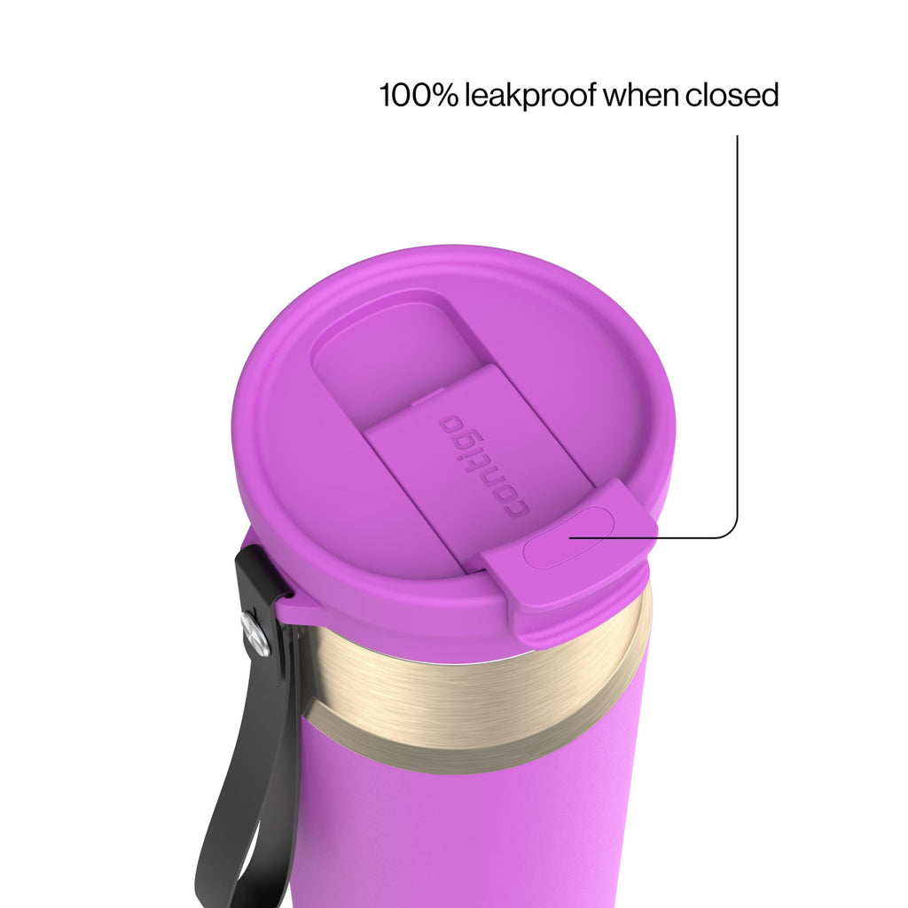 Contigo DualSip Leakproof Stainless Steel Reusable Water Bottle Tumbler with Carrying Strap, Cream/Champagne, 24 oz D87F