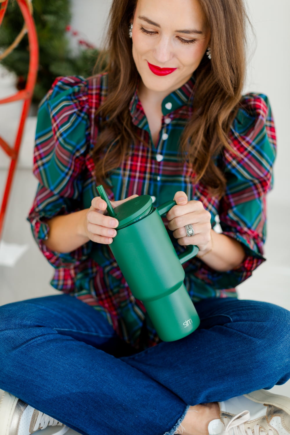Simple Modern 30 fl oz Insulated Stainless Steel Trek Tumbler with Straw Lid | Seaglass Sage and Cream Checkmate YPTM