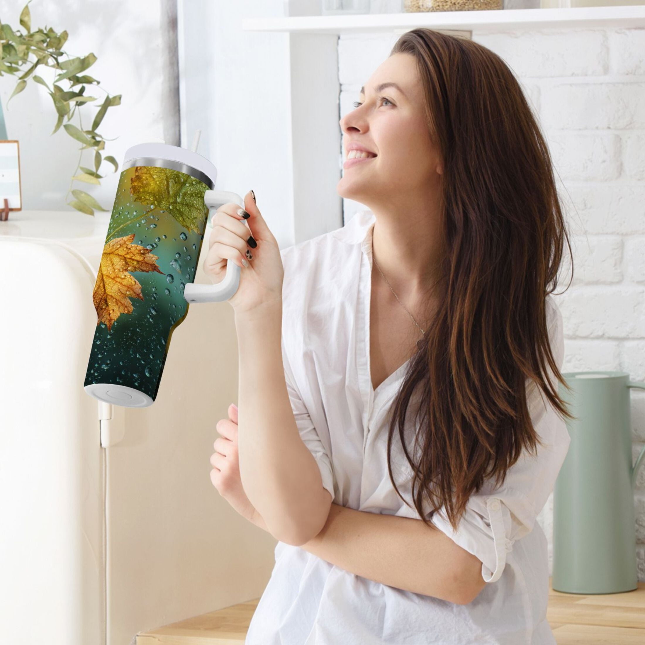 30 oz Insulated Stainless Steel Tumbler Double Wall Stainless Steel Tumbler with 2-Way Drinking Leaves with Water Droplets EV6S