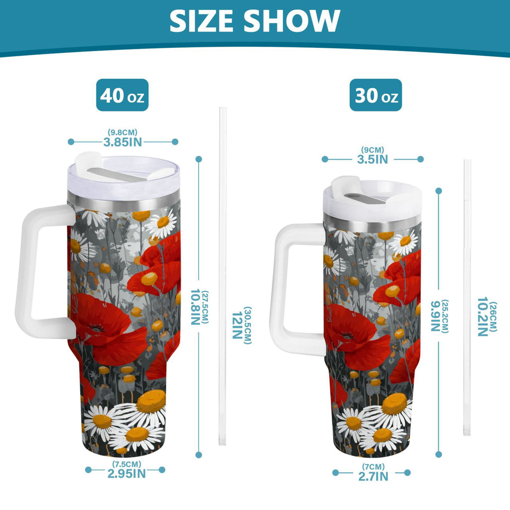 40 oz Insulated Stainless Steel Tumbler Double Wall Stainless Steel Tumbler with 2-Way Drinking Red Flowers and Daisies WD94