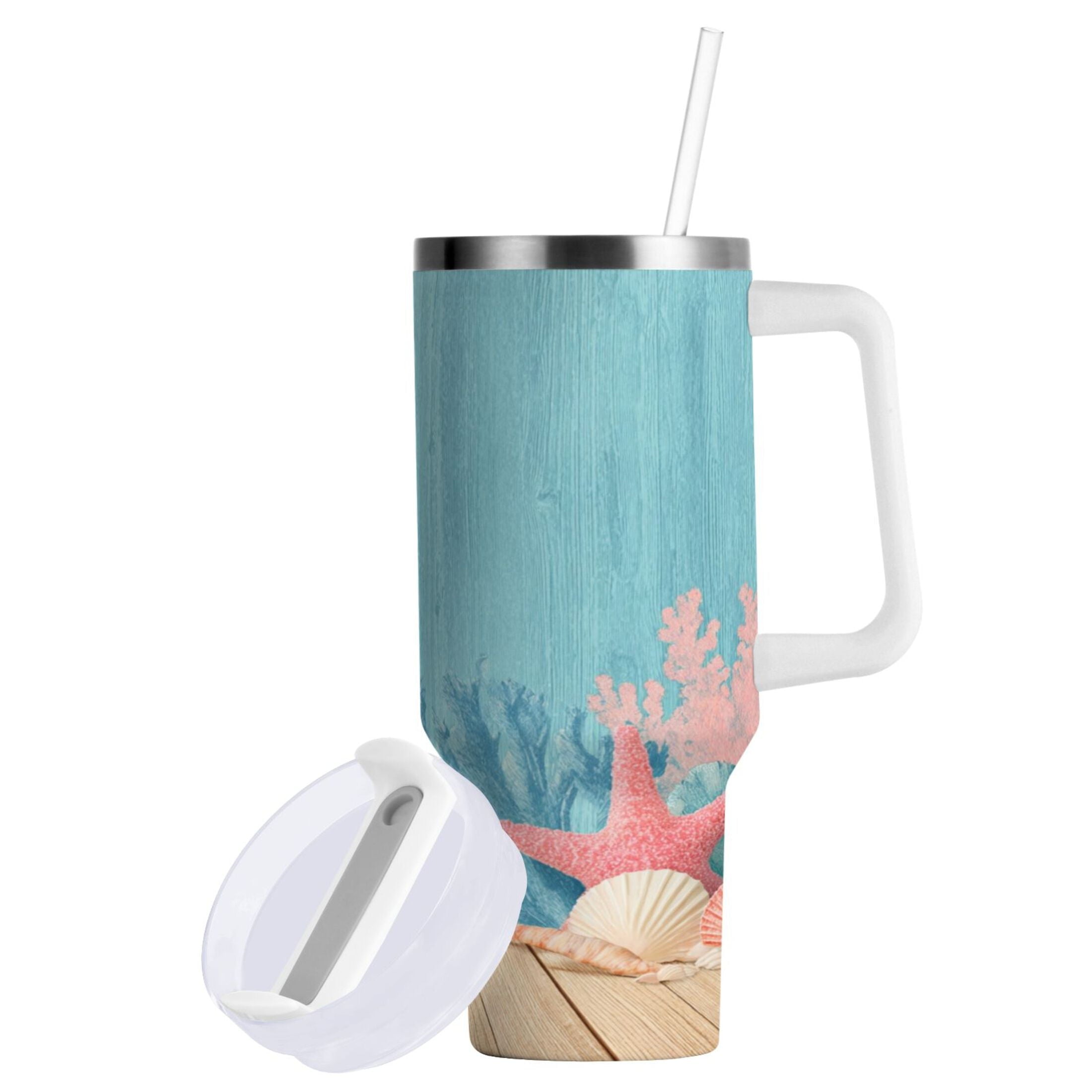 40 oz Insulated Stainless Steel Tumbler Double Wall Stainless Steel Tumbler with 2-Way Drinking Colorful Starfish and Seashells 9SSB
