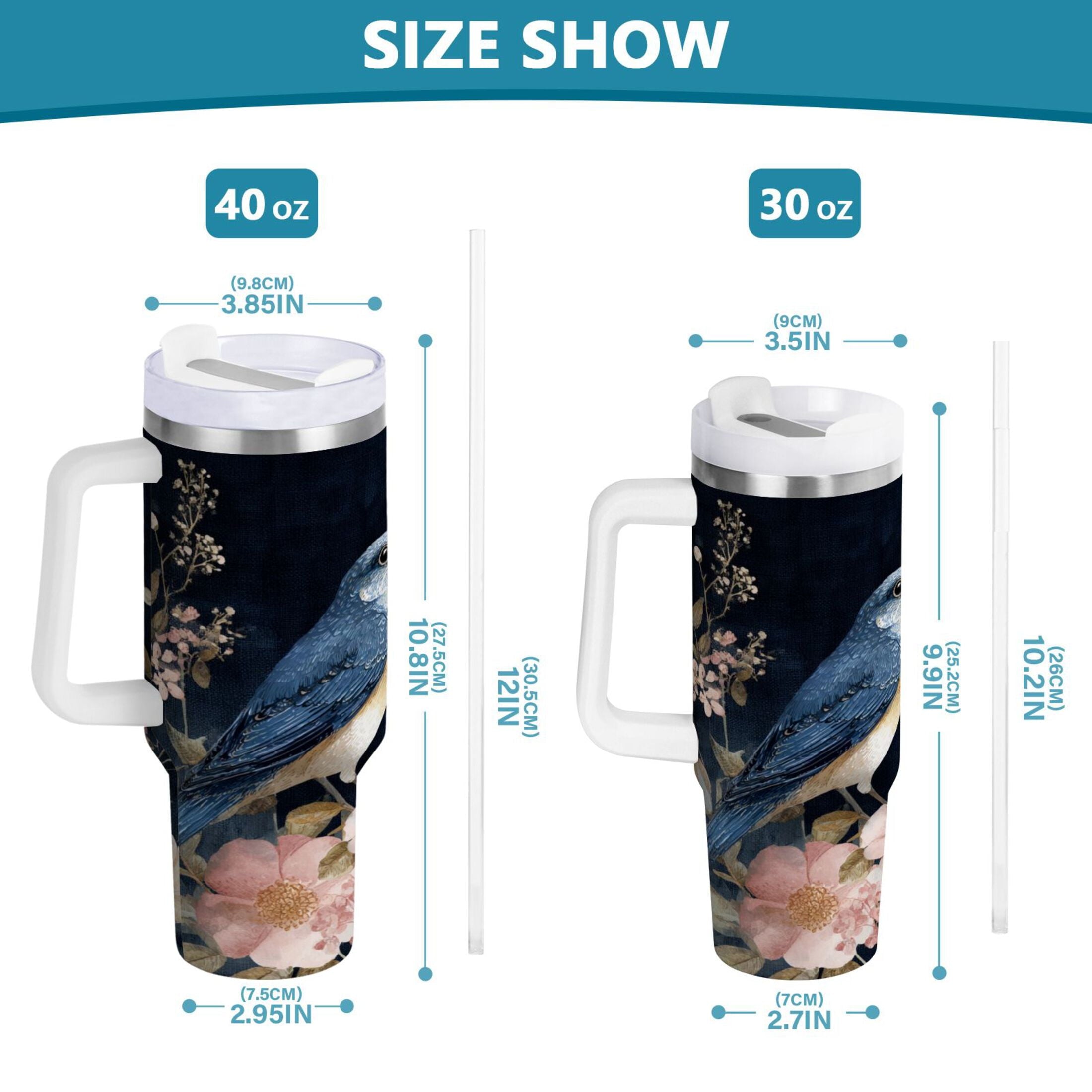 30 oz Insulated Stainless Steel Tumbler Double Wall Stainless Steel Tumbler with 2-Way Drinking Watercolor Vintage Blue Bird GMVE