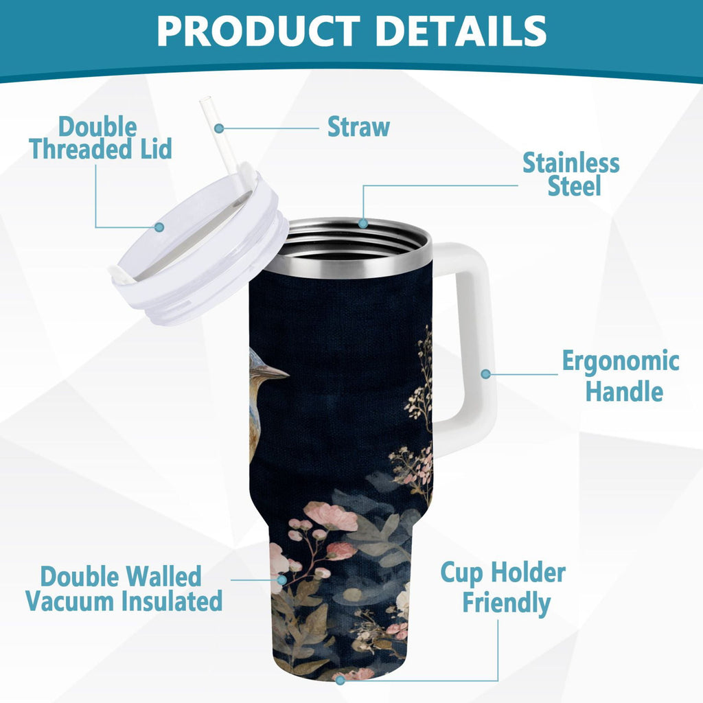 30 oz Insulated Stainless Steel Tumbler Double Wall Stainless Steel Tumbler with 2-Way Drinking Watercolor Vintage Blue Bird GMVE