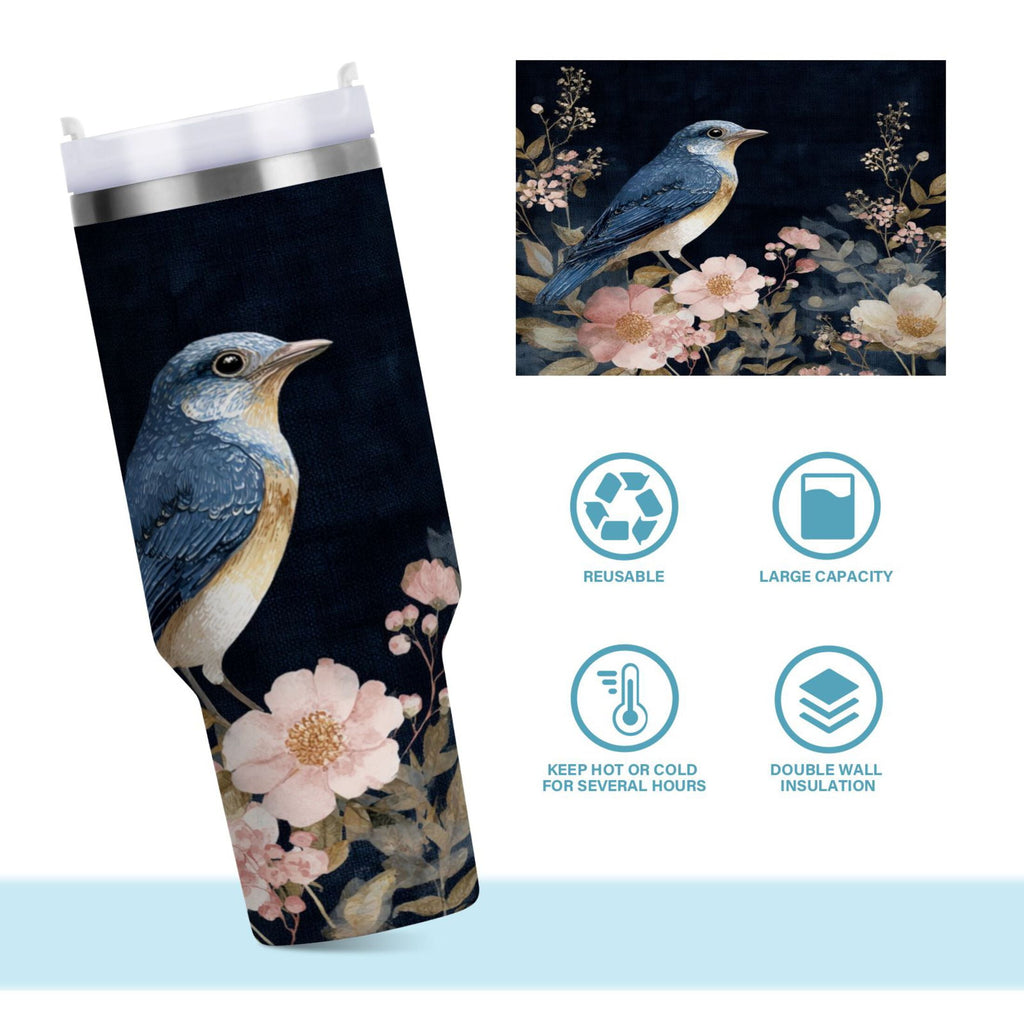 30 oz Insulated Stainless Steel Tumbler Double Wall Stainless Steel Tumbler with 2-Way Drinking Watercolor Vintage Blue Bird GMVE