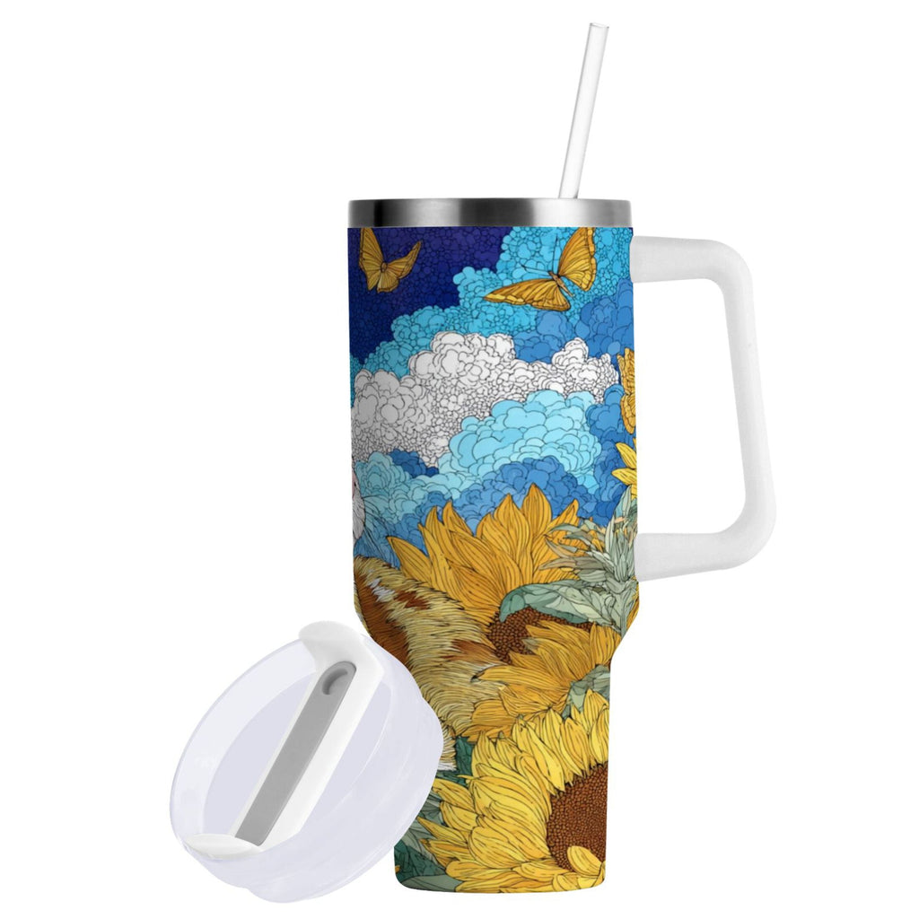 40 oz Insulated Stainless Steel Tumbler Double Wall Stainless Steel Tumbler with 2-Way Drinking Cat Lies in The Sunflowers J4EV