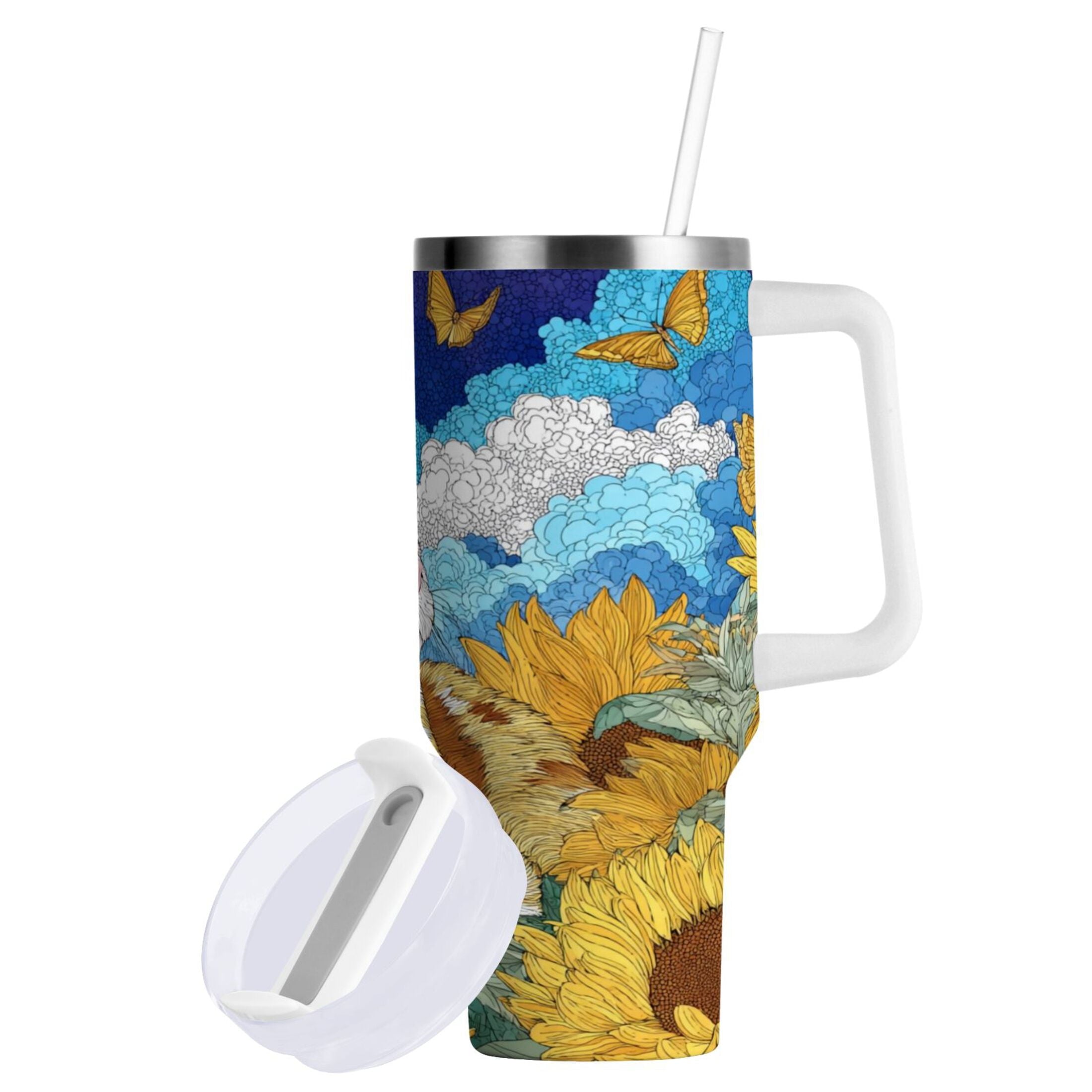 40 oz Insulated Stainless Steel Tumbler Double Wall Stainless Steel Tumbler with 2-Way Drinking Cat Lies in The Sunflowers J4EV