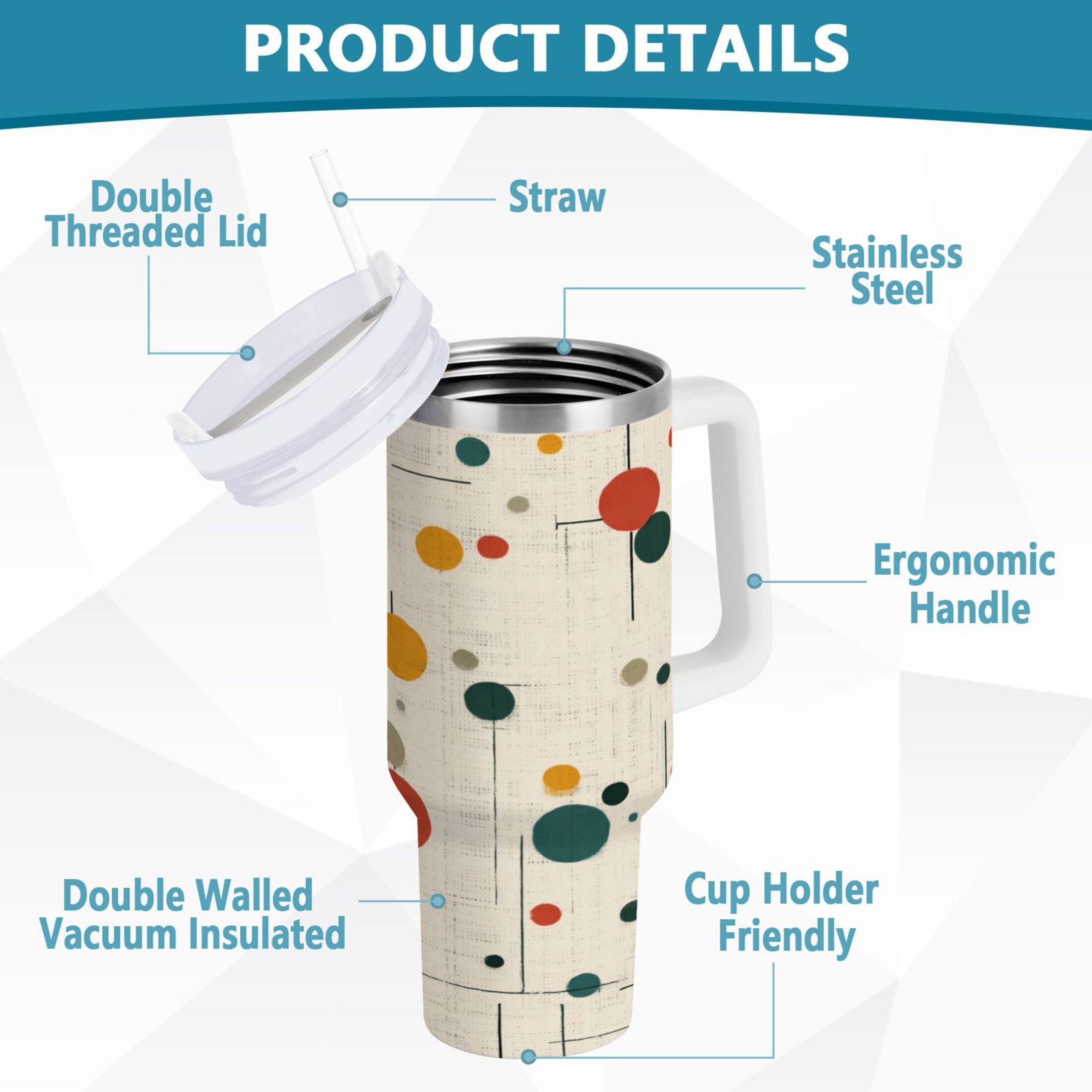 30 oz Insulated Stainless Steel Tumbler Double Wall Stainless Steel Tumbler with 2-Way Drinking Colorful Dots and Lines M92Y