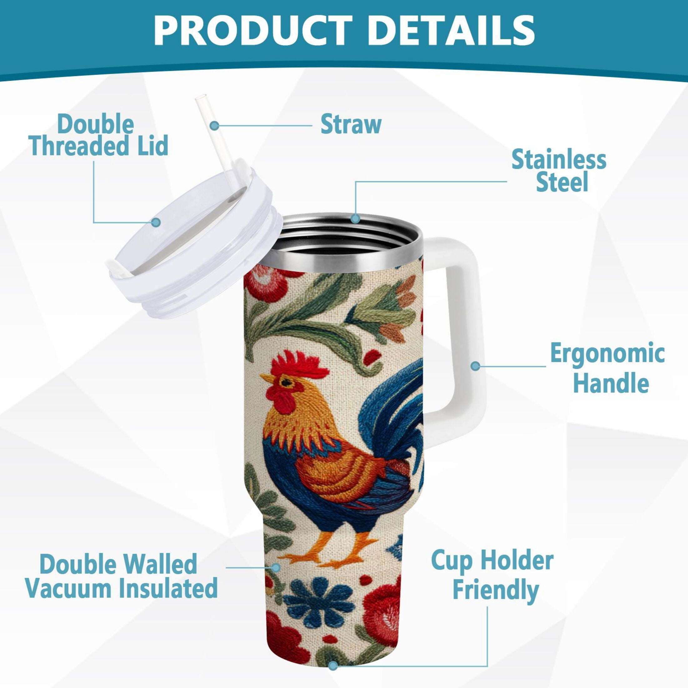40 oz Insulated Stainless Steel Tumbler Double Wall Stainless Steel Tumbler with 2-Way Drinking Male and Female Chickens E0FM