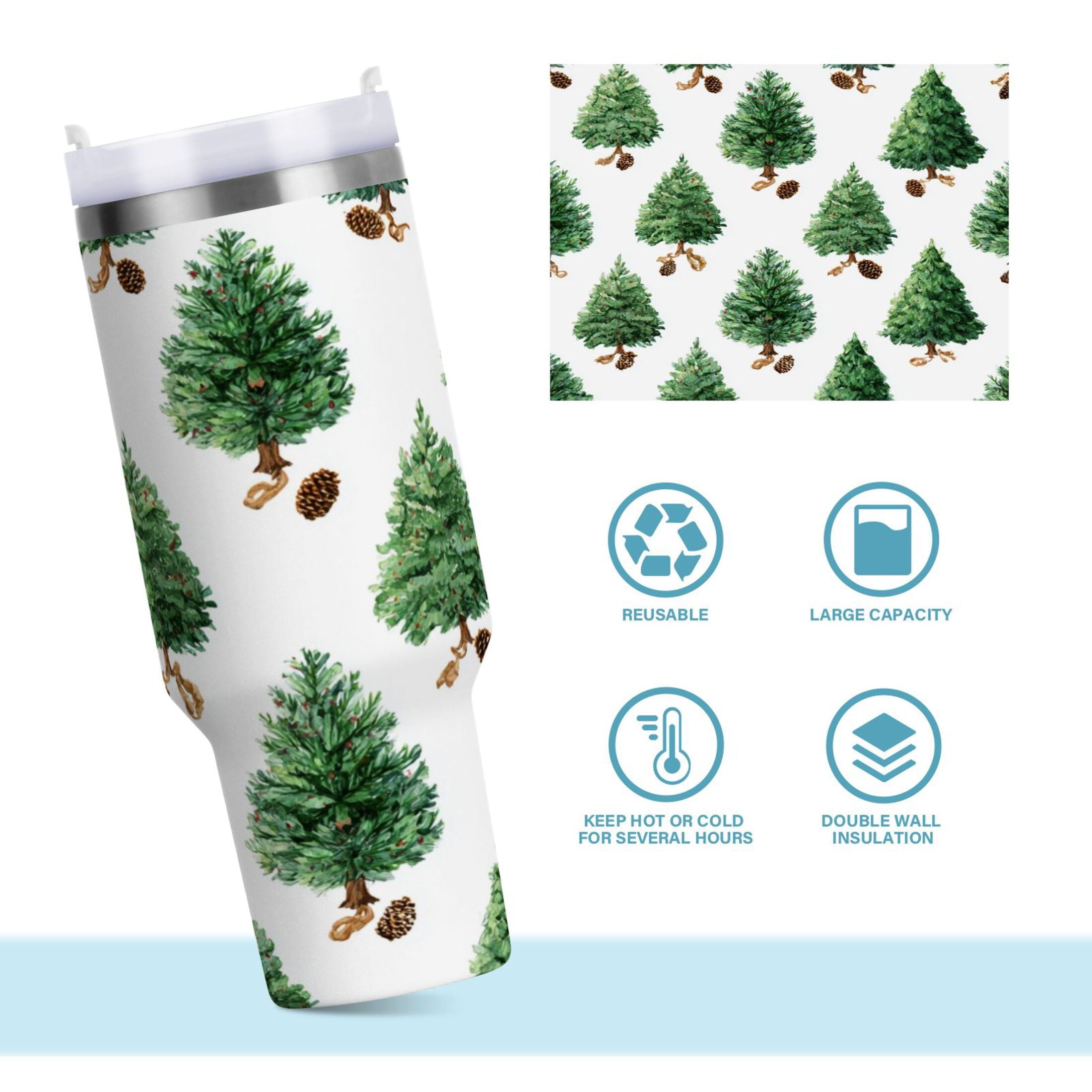 30 oz Insulated Stainless Steel Tumbler Double Wall Stainless Steel Tumbler with 2-Way Drinking Watercolor Green Christmas Tree 7MHU