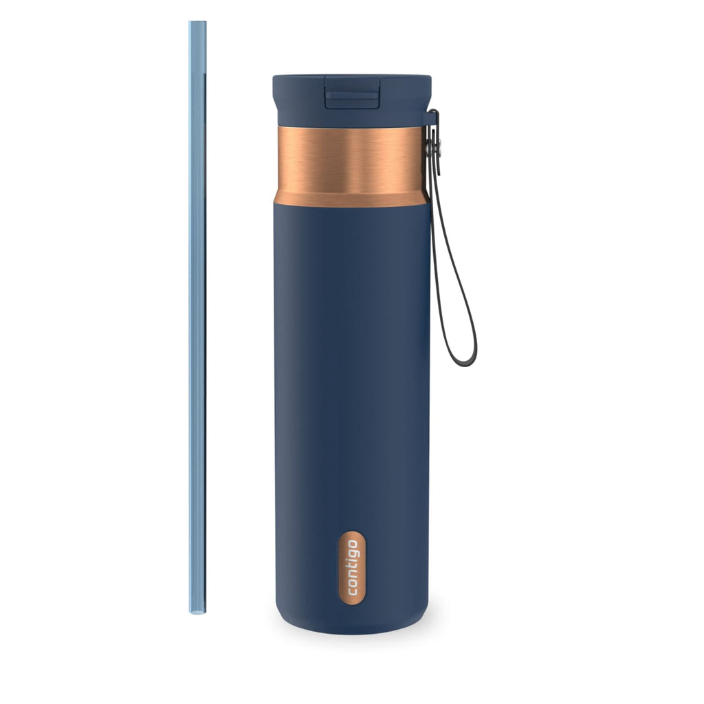 Contigo SnapSeal Leakproof Stainless Steel Reusable Water Bottle with Carrying Strap, Dark Blue/Bronze, 24 oz EBLA