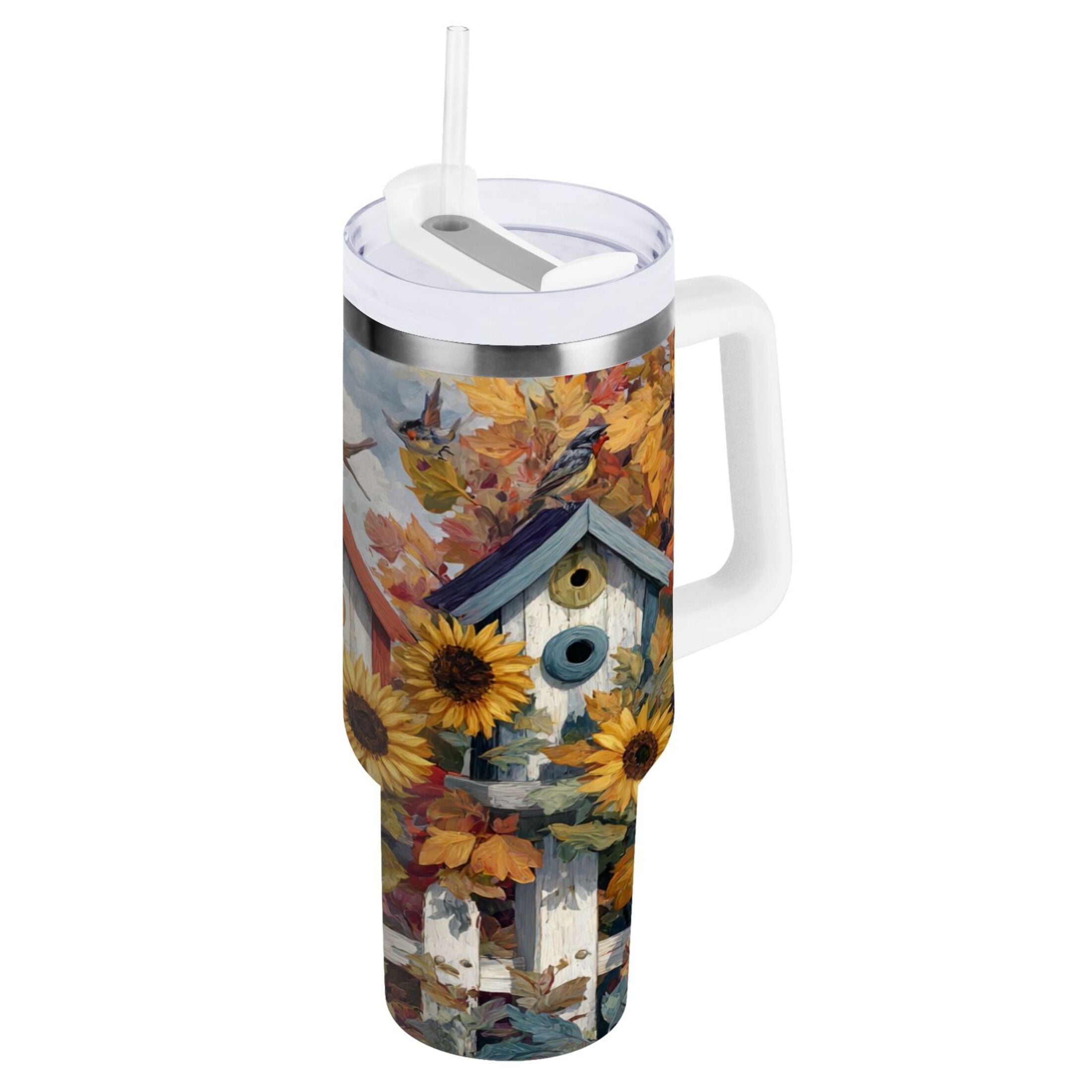 30 oz Insulated Stainless Steel Tumbler Double Wall Stainless Steel Tumbler with 2-Way Drinking Birdhouses with Sunflowers OZ4M