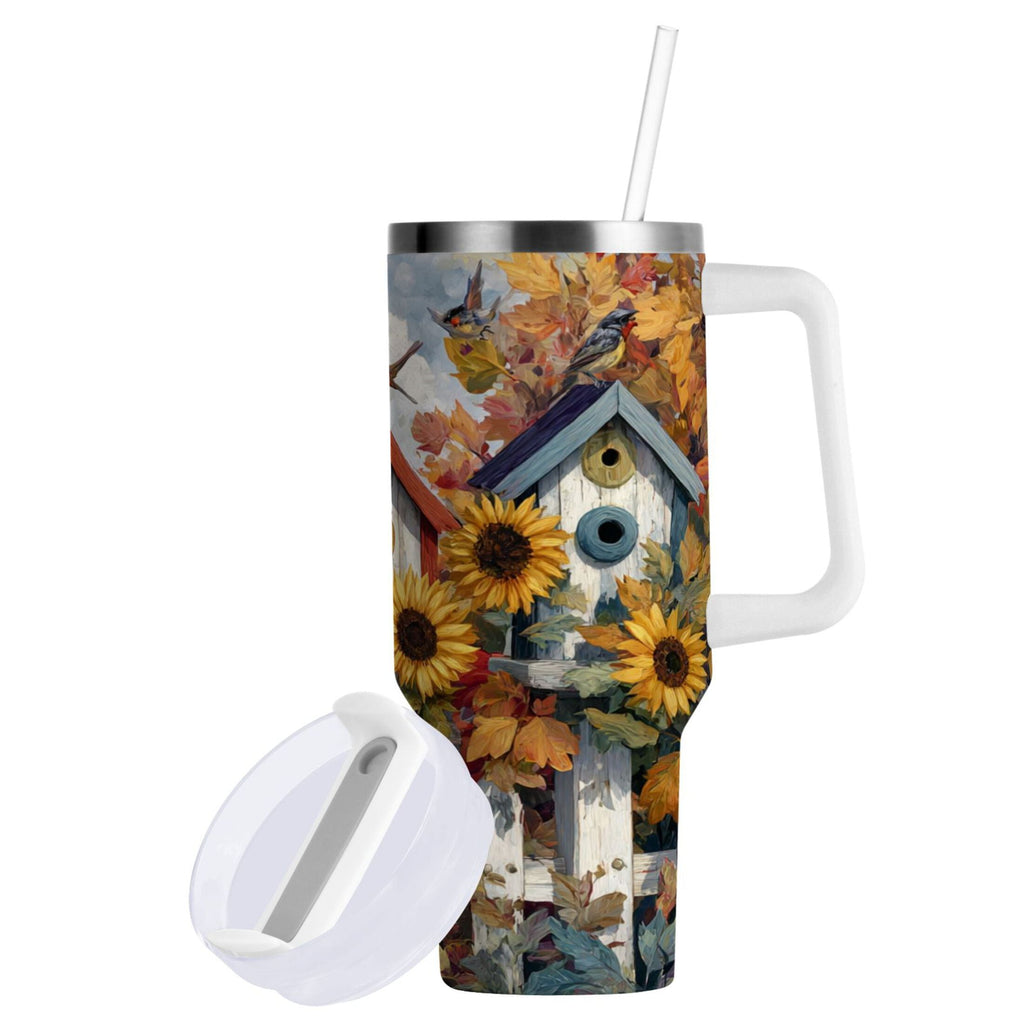 30 oz Insulated Stainless Steel Tumbler Double Wall Stainless Steel Tumbler with 2-Way Drinking Birdhouses with Sunflowers OZ4M